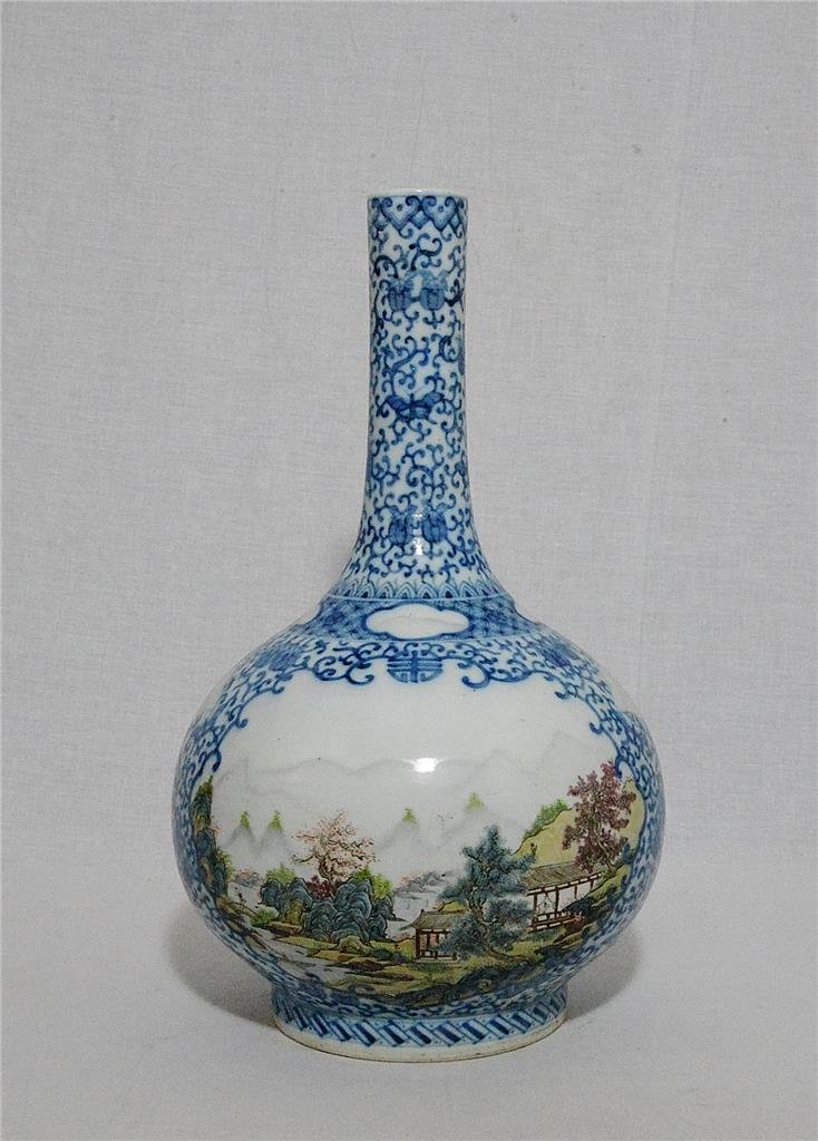 Chinese Blue and White Porcelain LonG Neck Vase: Chinese blue and white porcelain long neck vase, decorated with open window of famille rose landscape view. Six blue Chinese character under glaze mark on the base. Good condition. 15.5" height.