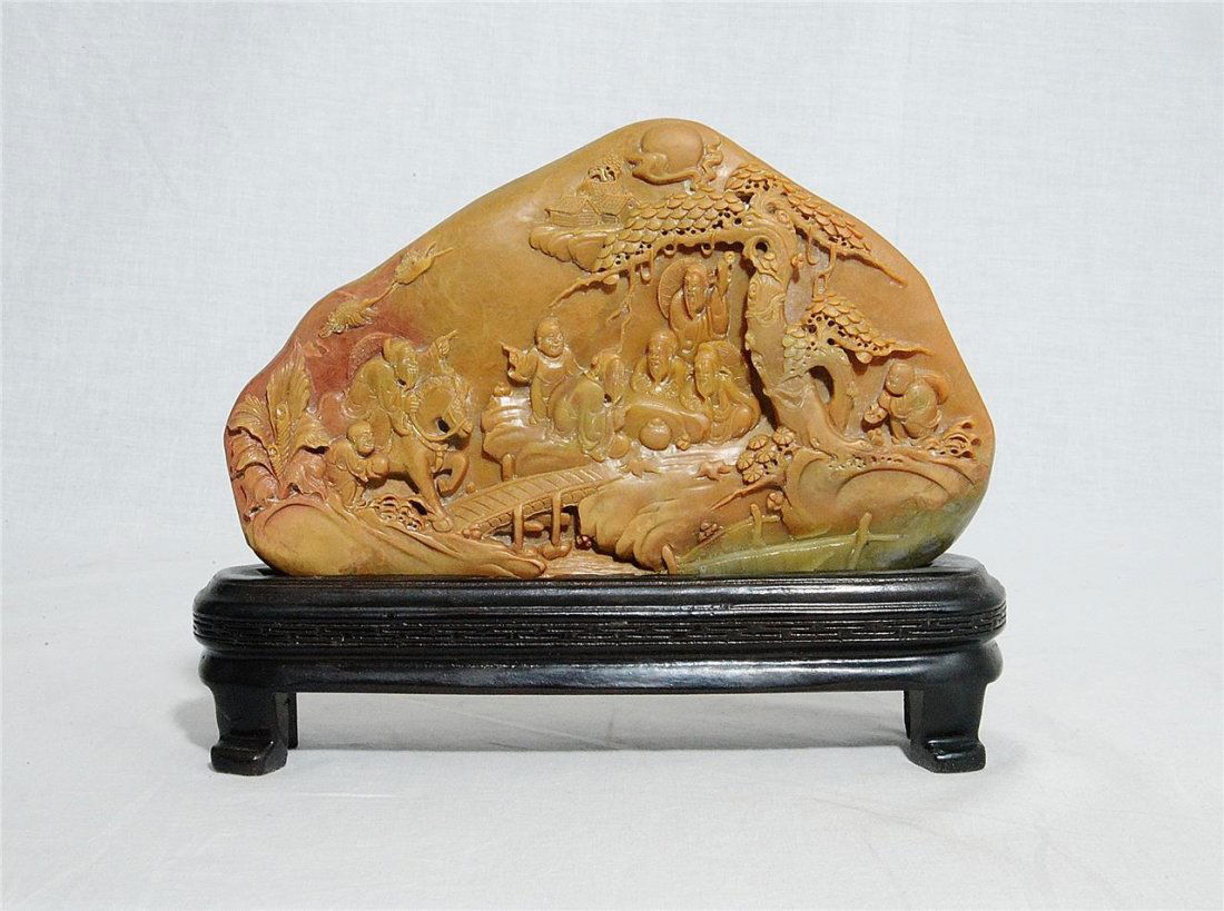 Nice Hand Carved Chinese Shou-Shan Stone Plaque: Nice hand carved Chinese Shou-Shan stone plaque, decorated with landscape and figures. Good condition. 8.5" wide x 7" height.