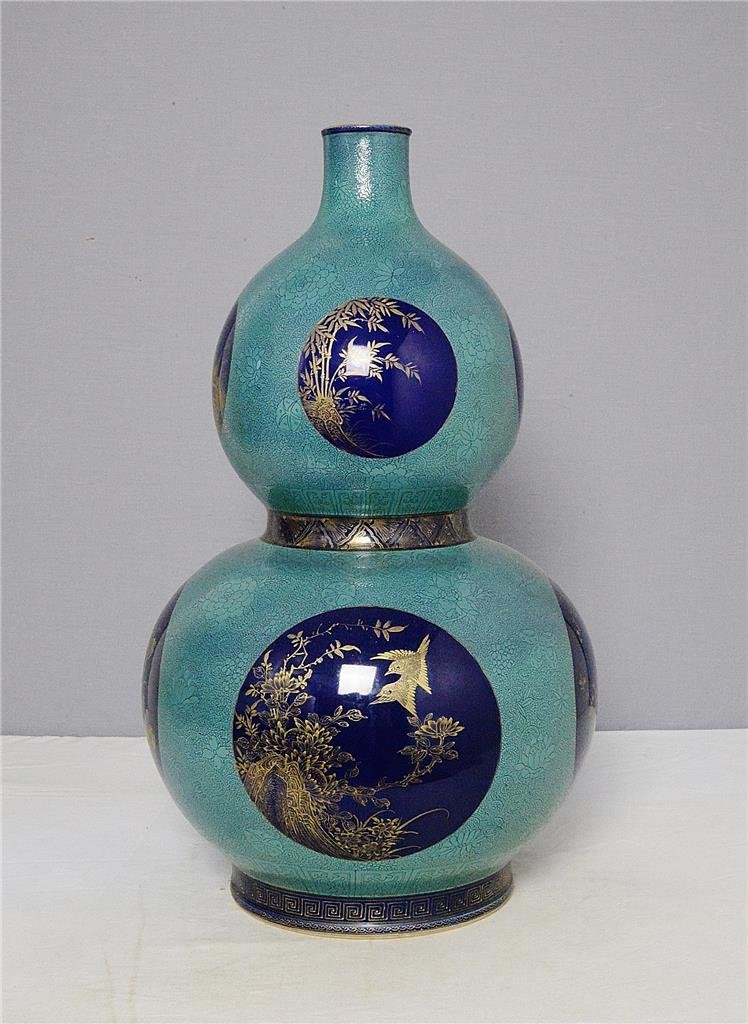 Large Chinese Lu-Jun Glaze Porcelain Gourd Vase With Ma: Large Chinese Lu-Jun glaze porcelain gourd vase, decorated with open window of blue glaze of birds and flowers. Six blue Chinese character under glaze mark on the base. Good condition. 19.5" height.