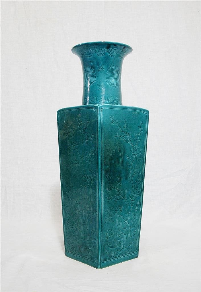Chinese Lu-Jun Glaze Porcelain Vase With Studio Mark: Chinese Lu-Jun glaze porcelain vase, decorated with landscape and birds. Six blue Chinese character under glaze mark on the base. Good condition. 18" height.