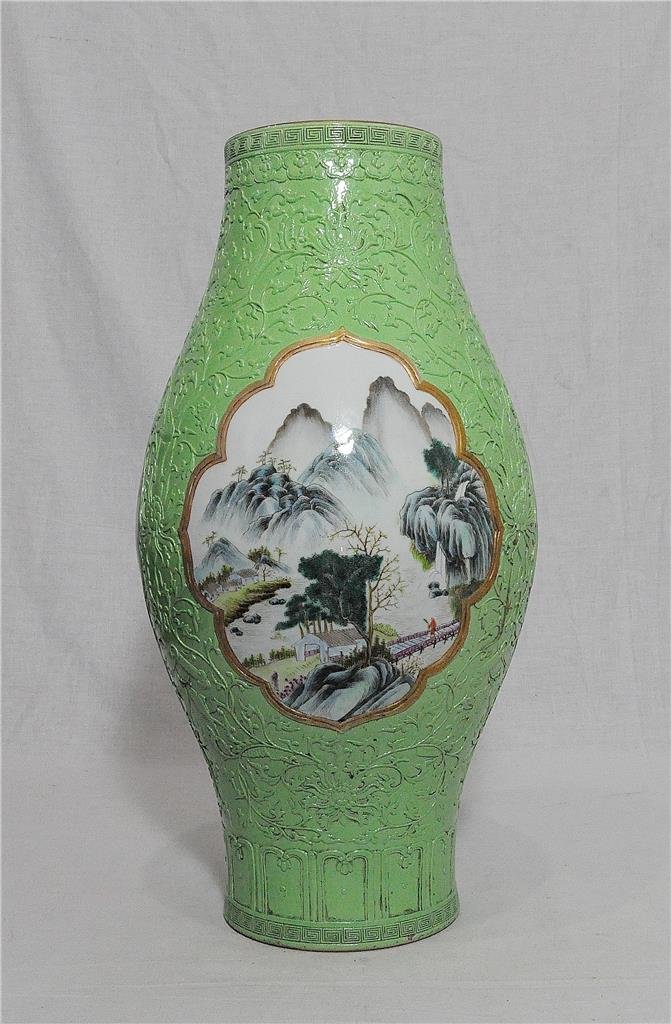 Chinese Famille Rose Porcelain Vase With Mark: Chinese famille rose porcelain vase, decorated with open window of landscape and mountain view. Six gilt relief of Chinese character mark on the base. Good condition. 18" height.