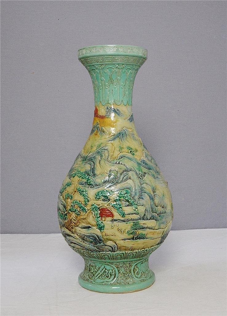 Chinese Lu-Jun Glaze With Famille Rose Porcelain Vase: Chinese Lu-Jun glaze with Famille Rose porcelain vase, decorated with landscape and mountain view. Good condition. 16.75" height.