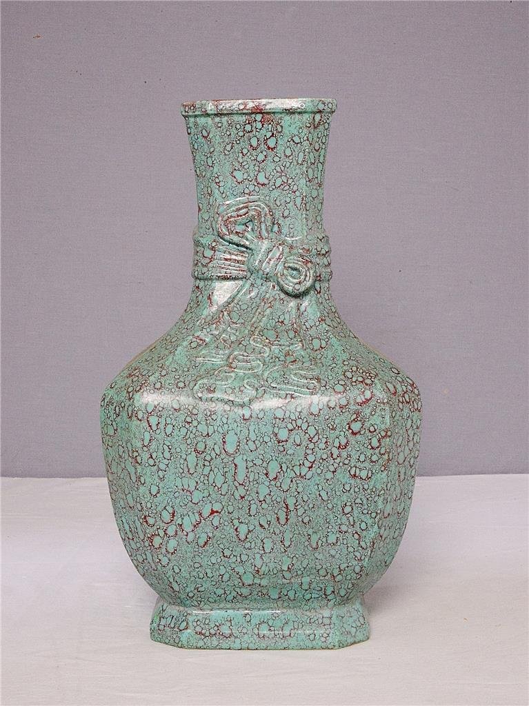 Chinese Lu-Jun Glaze Porcelain Vase With Mark: Chinese Lu-Jun glaze porcelain vase. Four relief of Chinese character mark on the base. Good condition. 13.25" height.