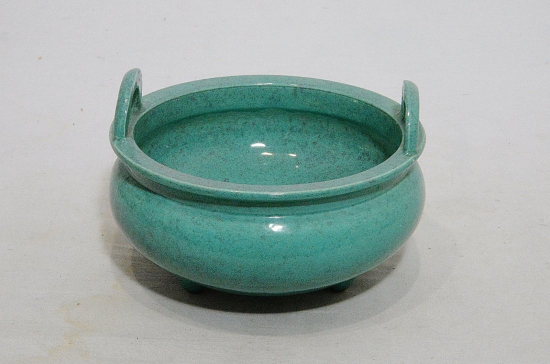 Chinese Lu-Jun Glaze Tripod Porcelain Incense Burner Wi: Chinese tripod Lu-Jun glaze porcelain incense burner. Six relief of Chinese character mark on the base. Good condition. 5.25" diam x 2.7" height.