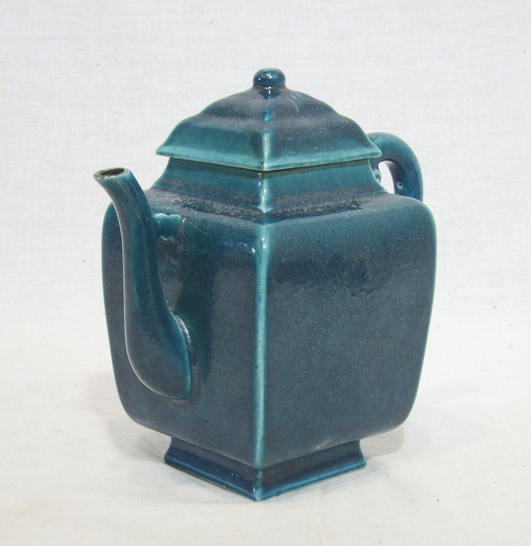 Chinese Lu-Jun Glaze Porcelain Teapot With Mark: Chinese Lu-Jun glaze porcelain teapot. Six relief gilt Chinese character mark on the base. Good condition. 7" wide x 6.25" height.