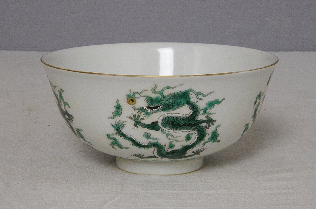 Chinese Green and White Porcelain Bowl With Mark: Chinese green and white porcelain bowl, decorated with green dragons. Six blue Chinese character under glaze mark on the base. Good condition. 5.9" diam x 2.75" height.