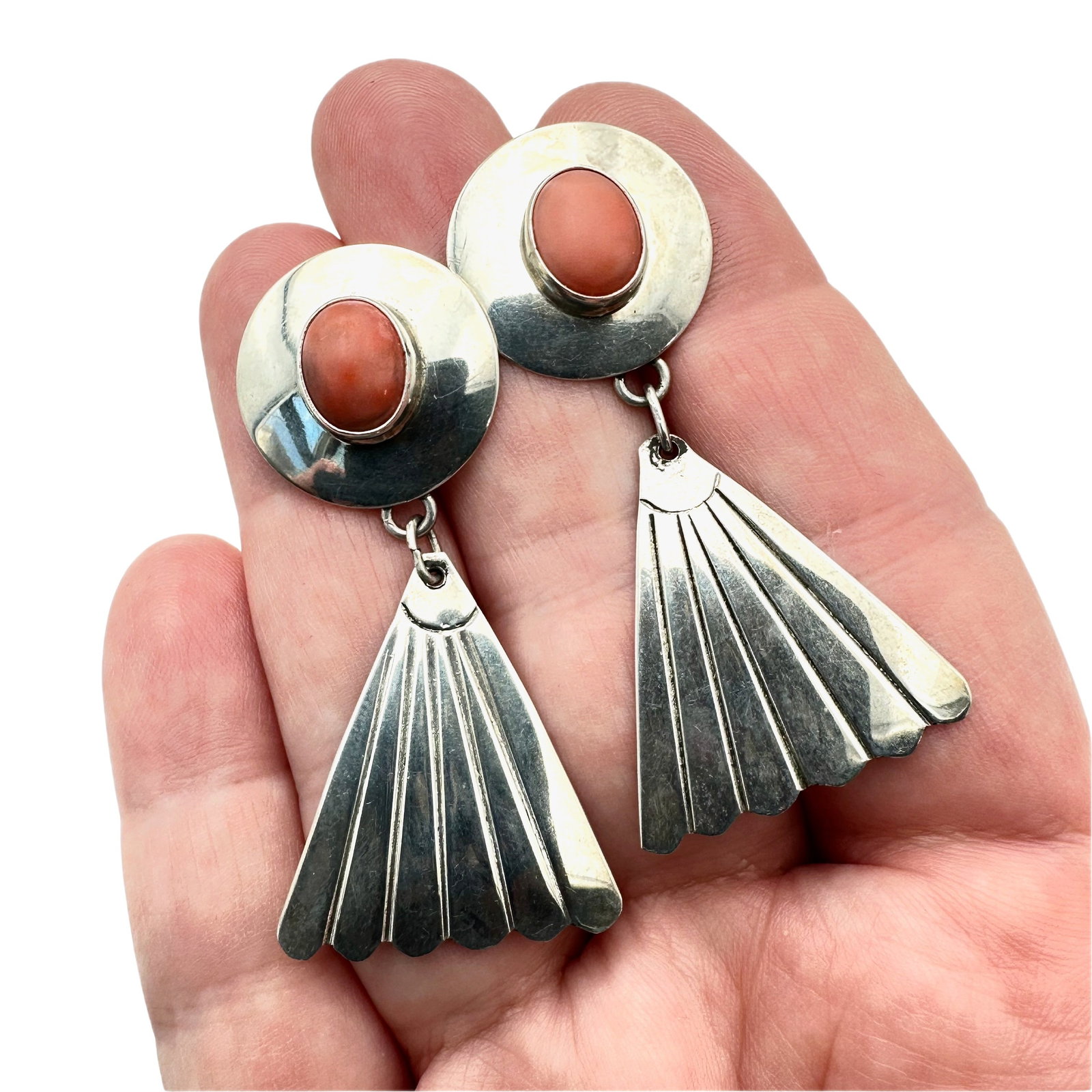 Native American Sterling Silver Coral Earrings 2 Inch: Native American Sterling Silver Pink Coral Earrings 2 Inch 11 Grams Pierced