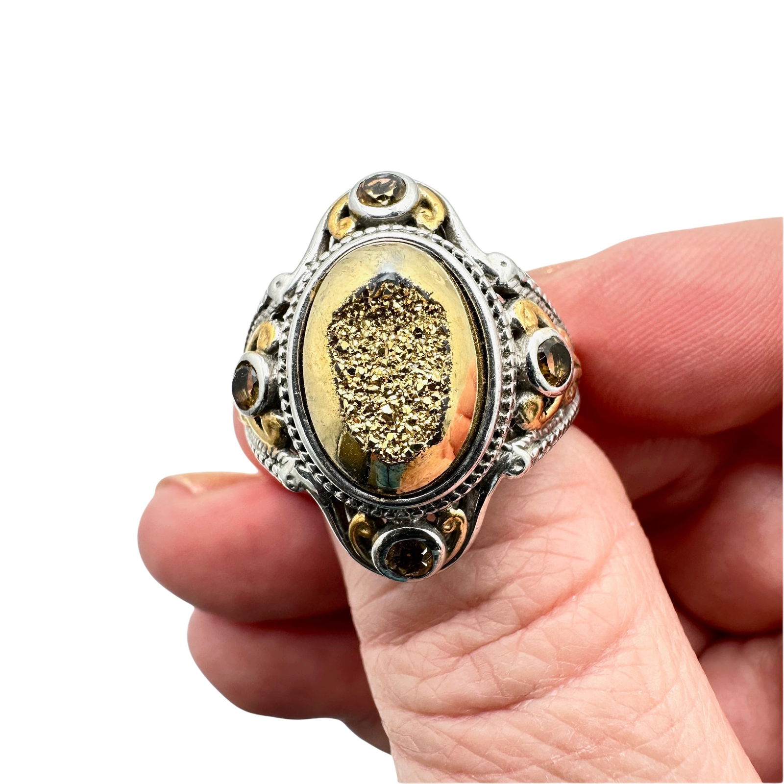 Sterling Silver Gold Druzy Quartz Ring Size 9 (1 of 2)