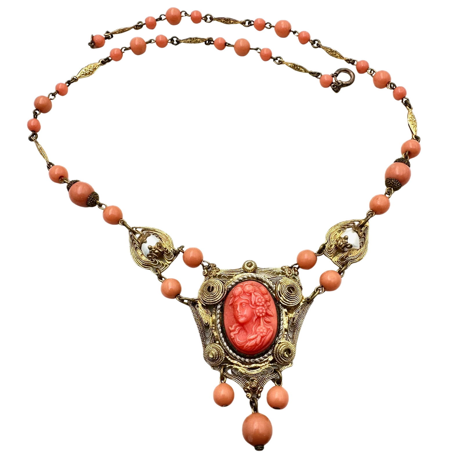 Antique Coral Cameo Czech Glass Pearl Necklace (1 of 2)