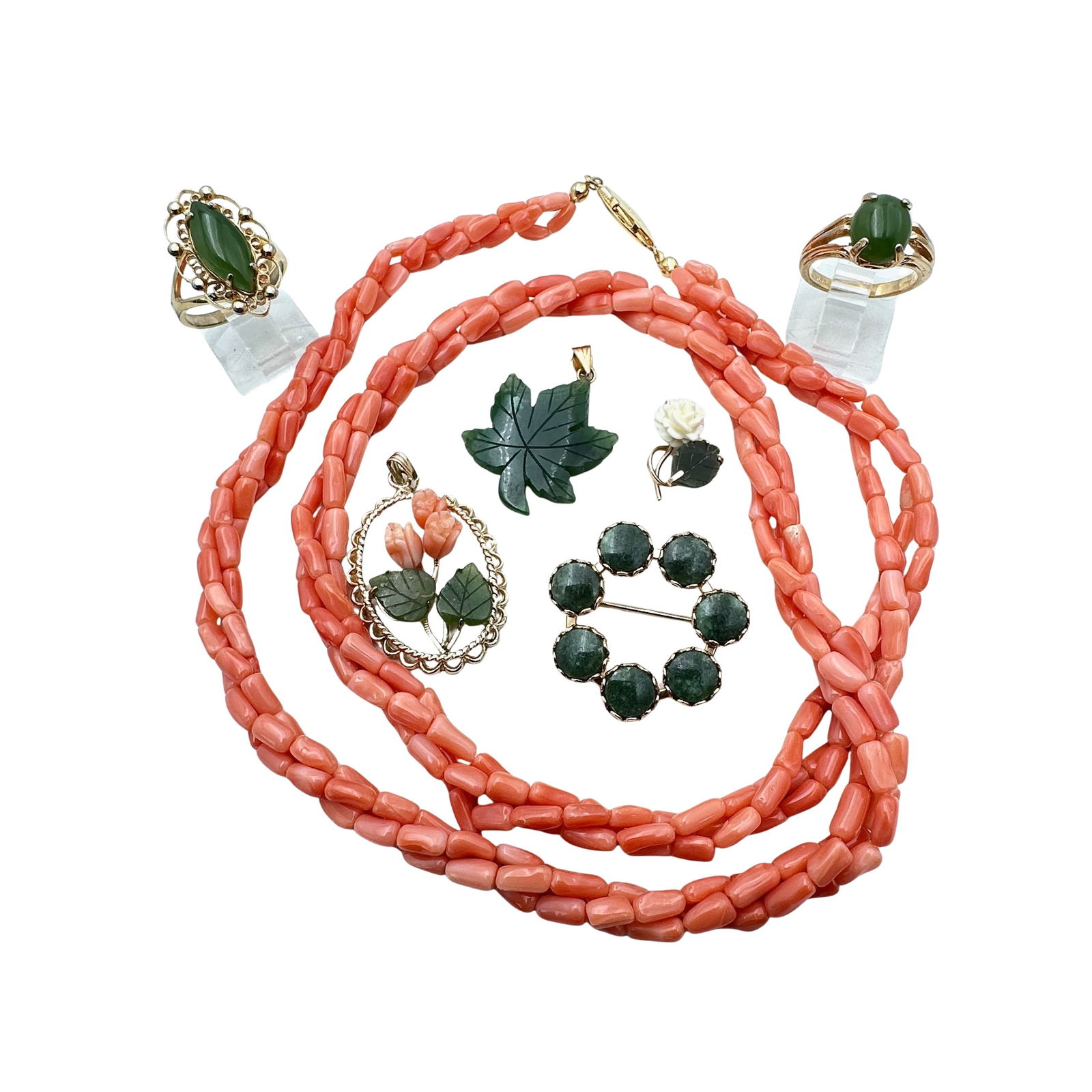 Vintage Coral Jade Gold Filled Jewelry Lot: Vintage Coral Jade Gold Filled Jewelry Lot
