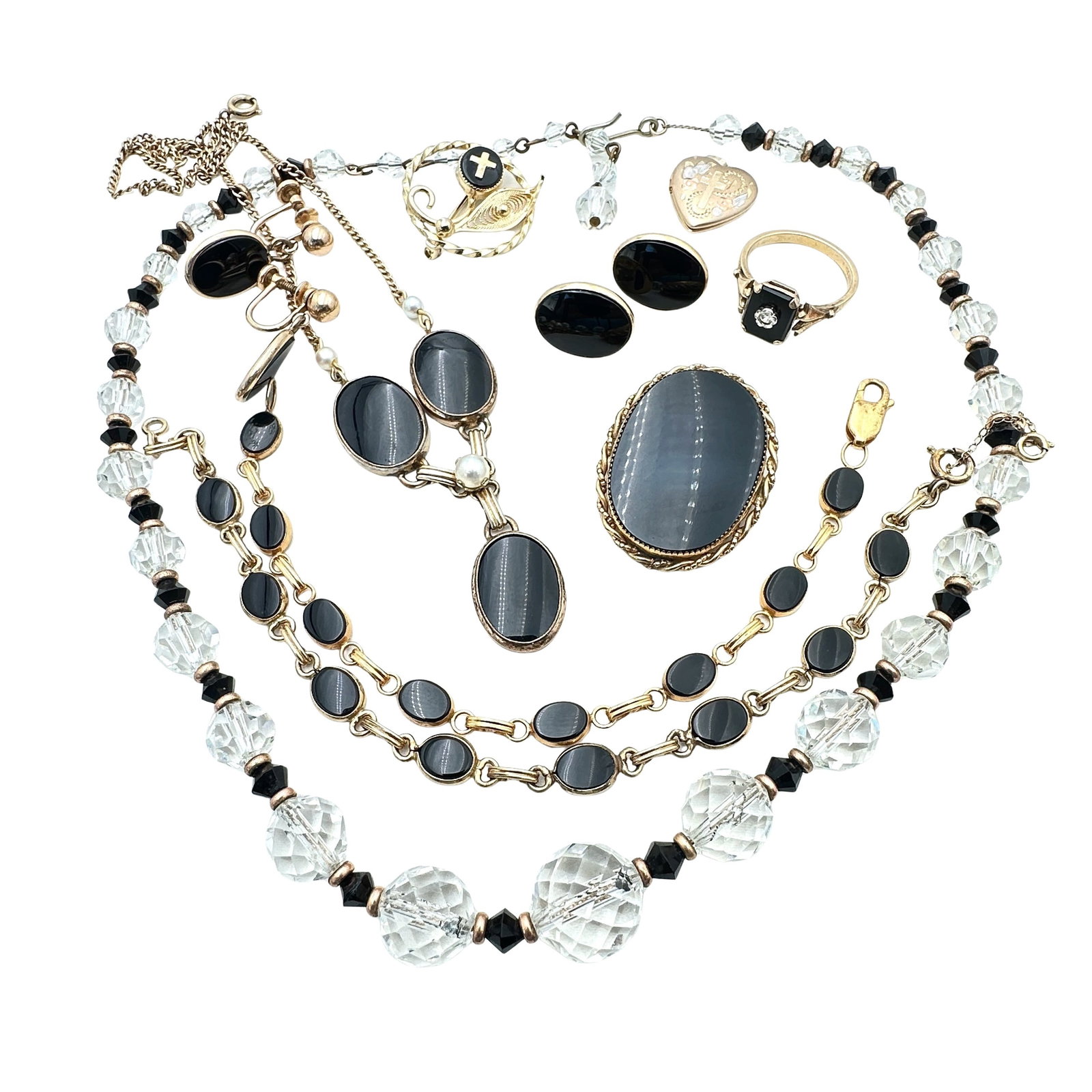 Vintage Gold Filled Jewelry Lot Black Onyx Crystal: Vintage Gold Filled Jewelry Lot Black Onyx Crystal