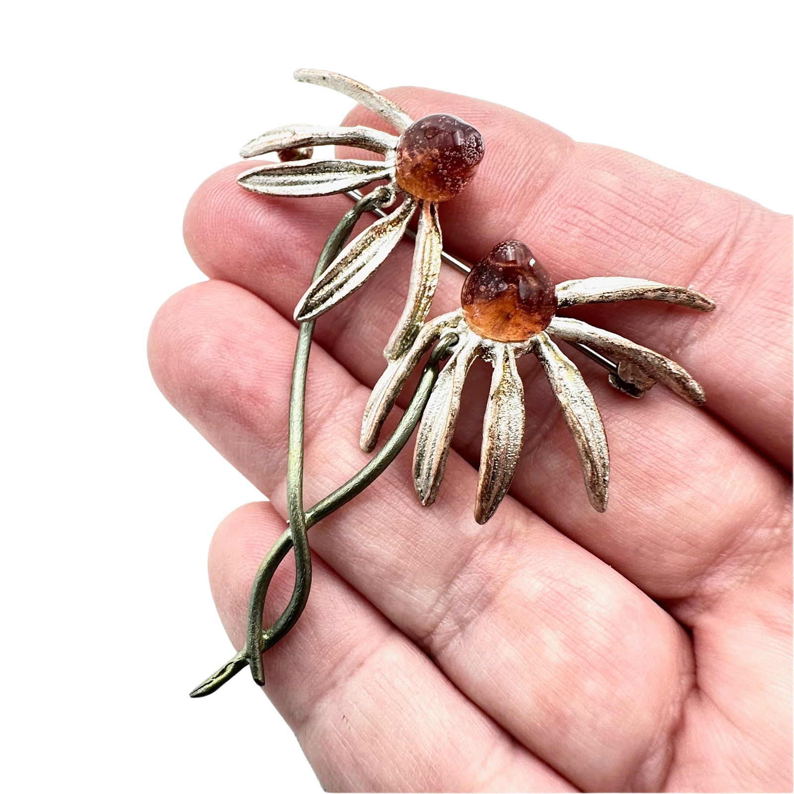 Artisan Amber Sterling Silver Flower Brooch (1 of 2)