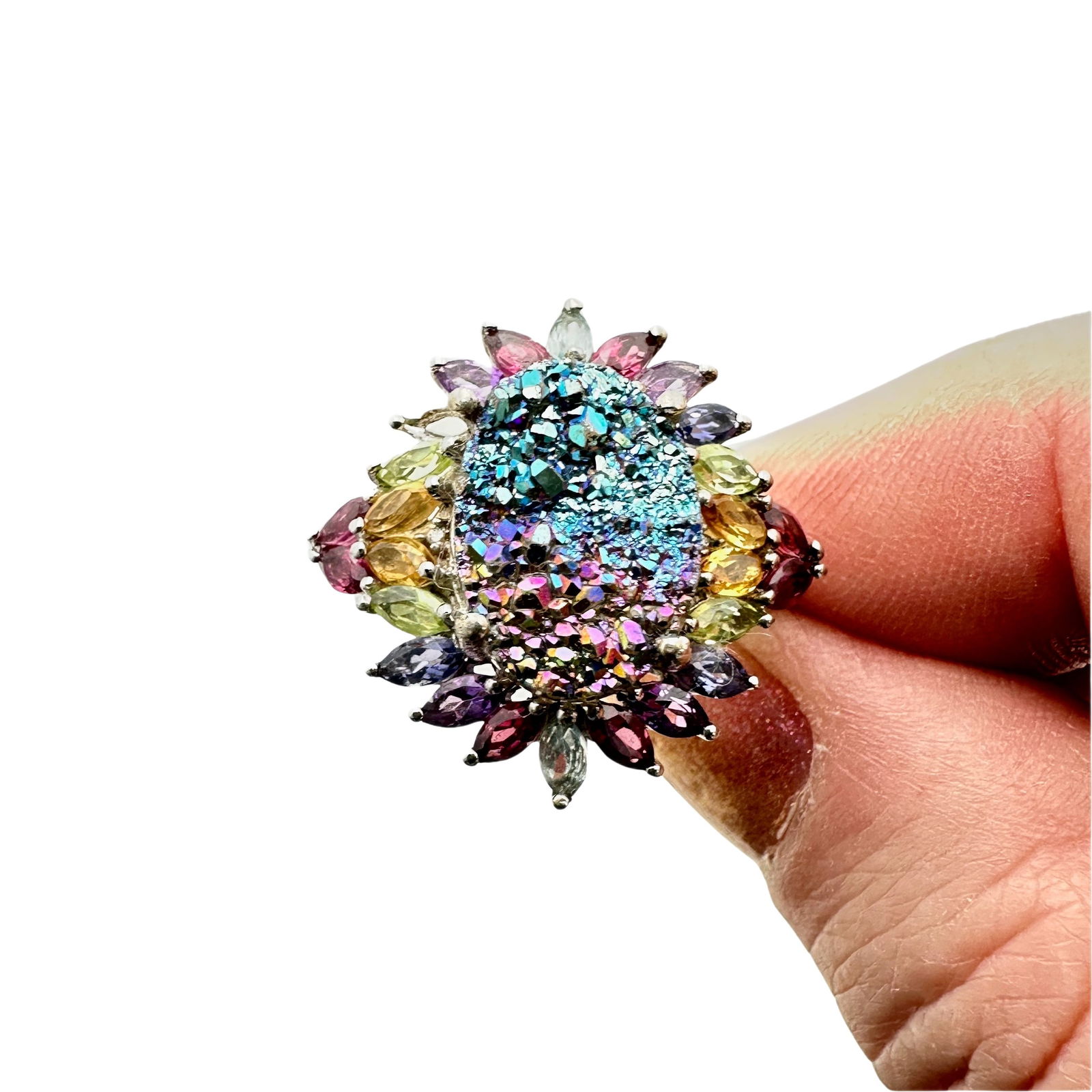 Multi Gemstone Rainbow Druzy Quartz Sterling Ring 10 (1 of 2)
