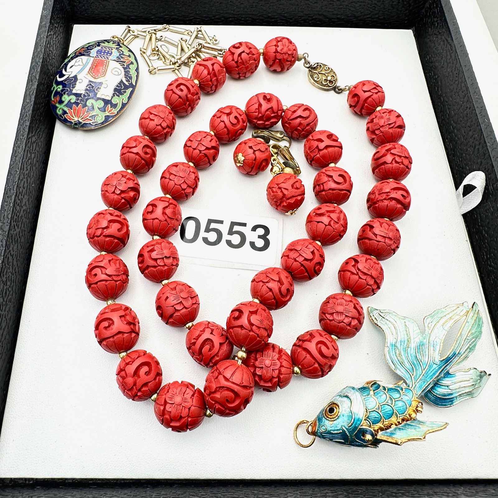 Lot of Vintage Asian Necklaces Cinnabar Cloisonne Fish Pendant (1 of 3)