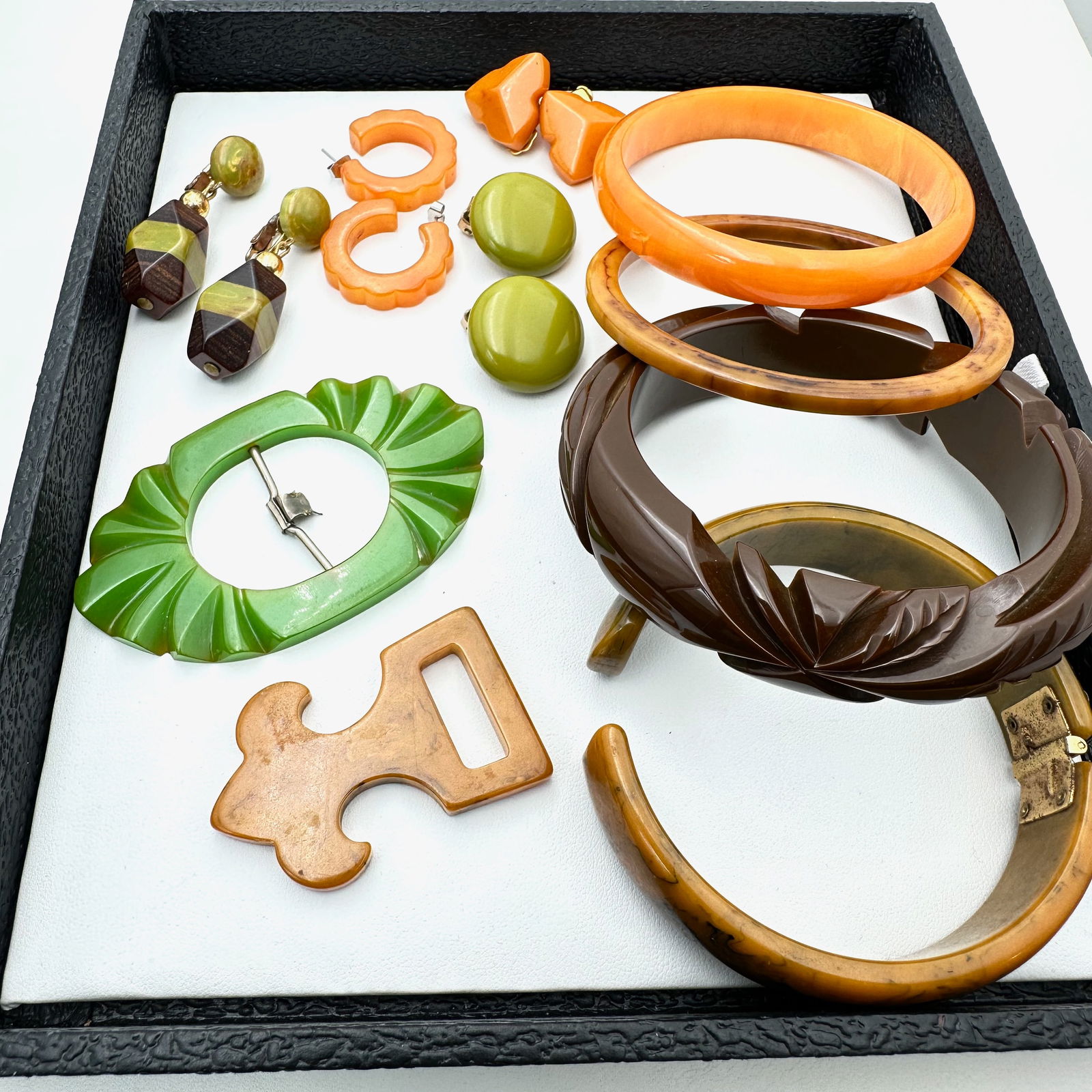 Vintage Lot of Bakelite Items Earrings Bracelets Buckle: Variety of sizes