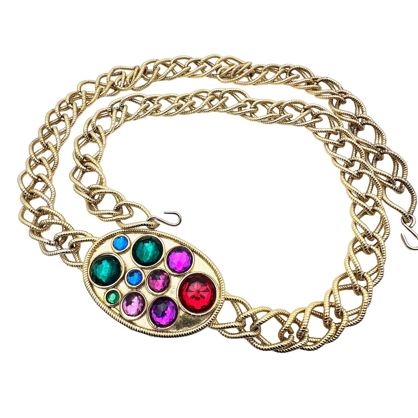1980s Glamour Multicolor Jeweled Gold Tone Belt: Fits up to 32 inches