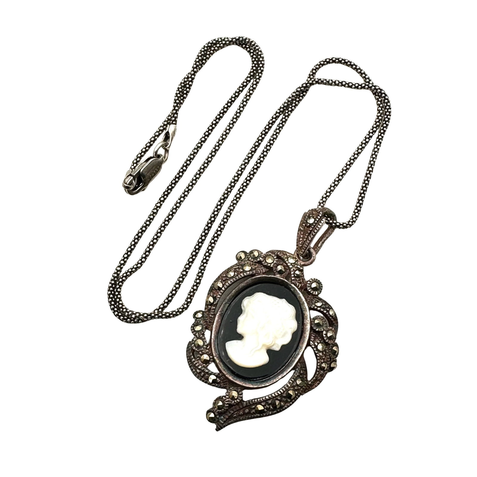 Cameo Portrait Marcasite Sterling Silver Pendant Necklace : 18 inch chain, 1.25 inch pendant