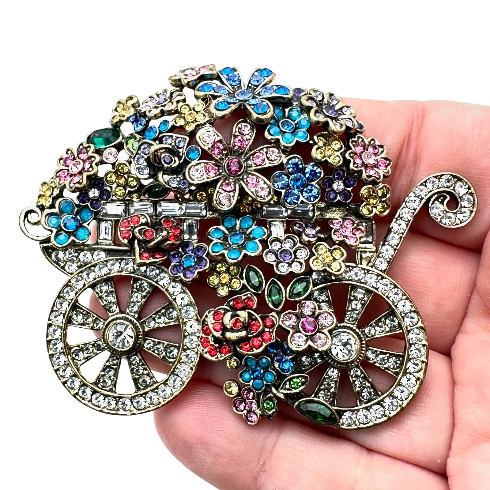 Heidi Daus Multicolor Crystal Flower Cart Brooch Pin Bronze Tone (1 of 3)