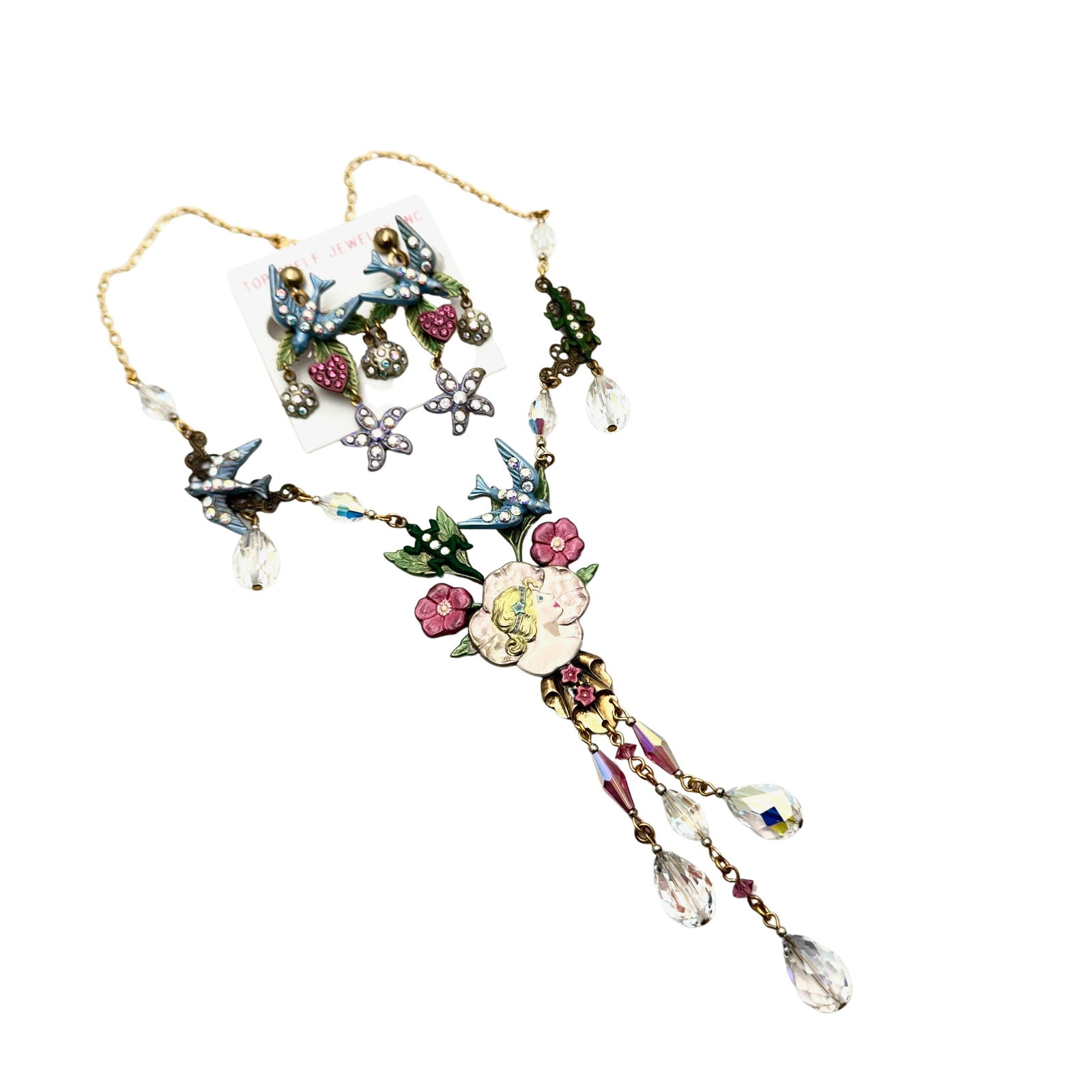 Vintage Victorian Revival Necklace Earrings Set Blue Birds Crystals Flowers (1 of 3)