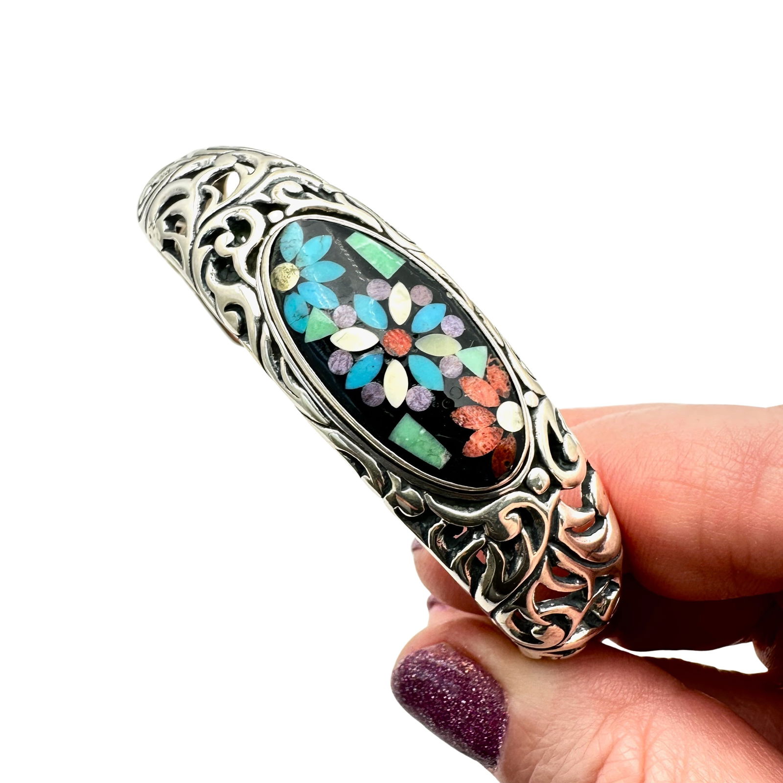 Carolyn Pollack Inlay Gemstone Mosaic Sterling Silver Cuff Bracelet (1 of 4)