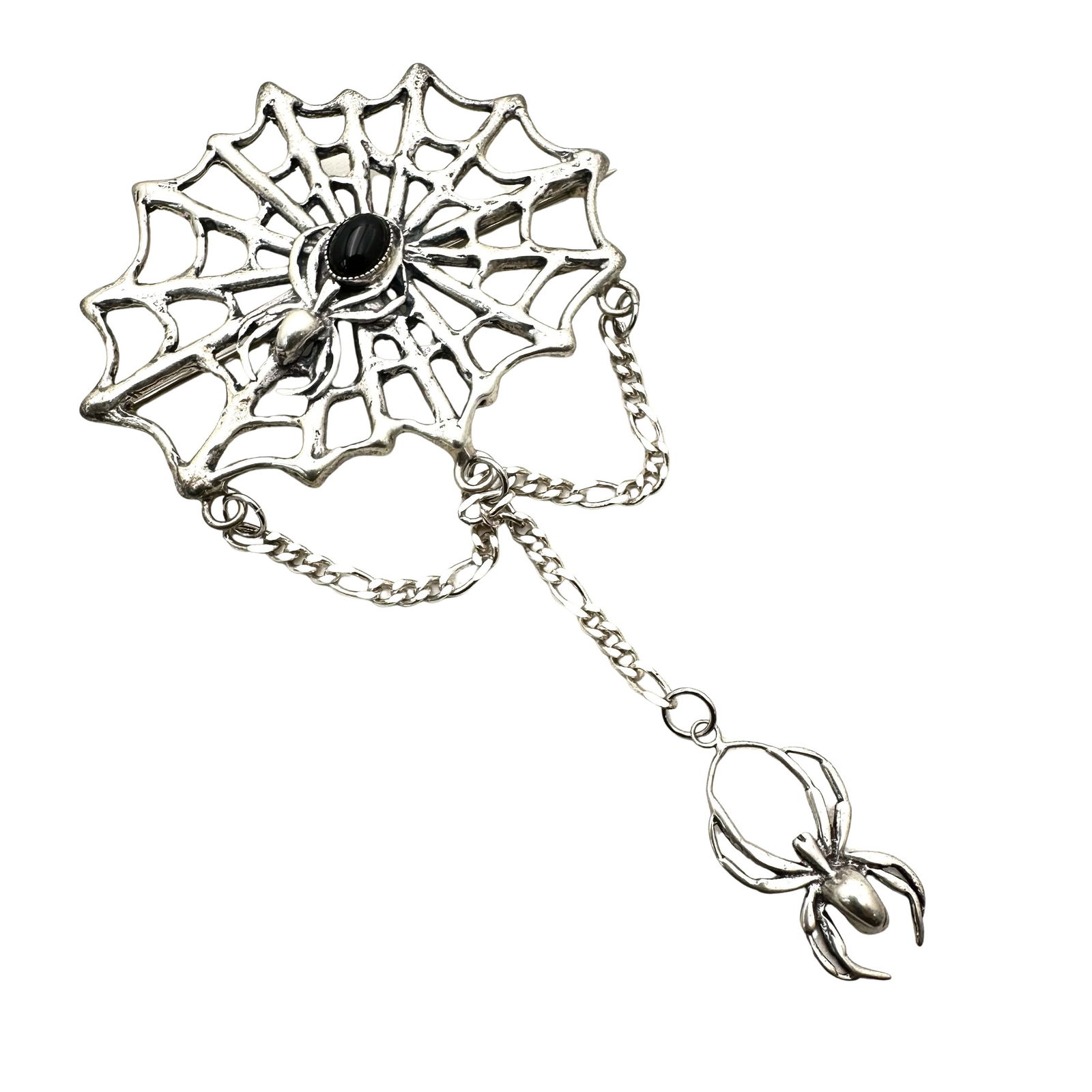 Sterling Silver Spider In Web Brooch Pin 31 Grams Black Onyx (1 of 4)