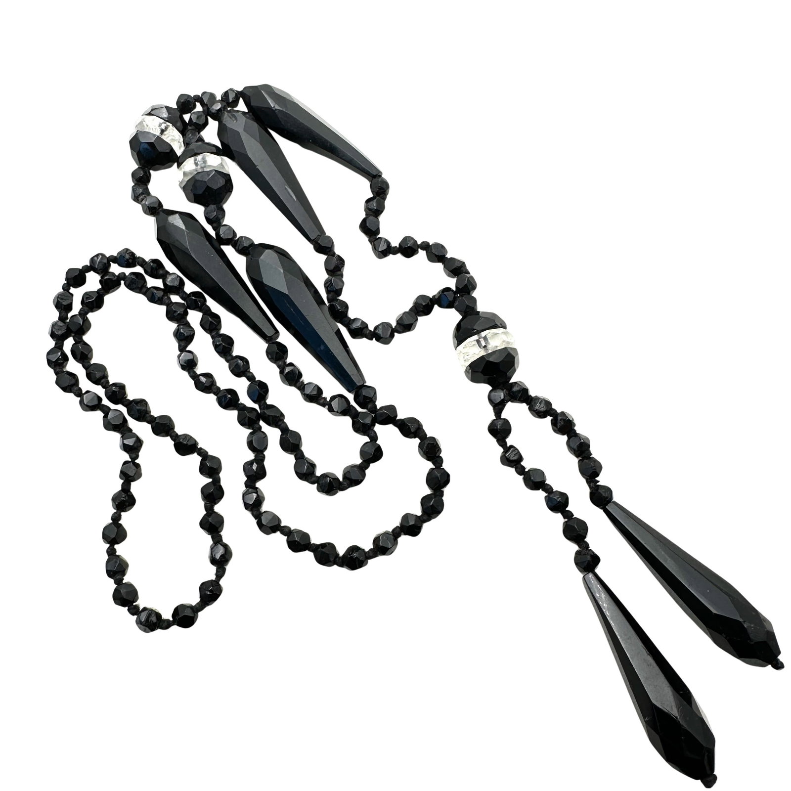 Art Deco Black Glass Flapper Necklace 1920s: 34 Inch Necklace
