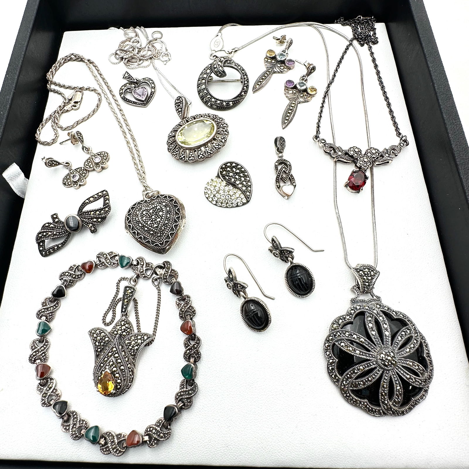 Sterling Silver Marcasite Jewelry Lot Locket Gemstone Necklaces Earrings (1 of 2)