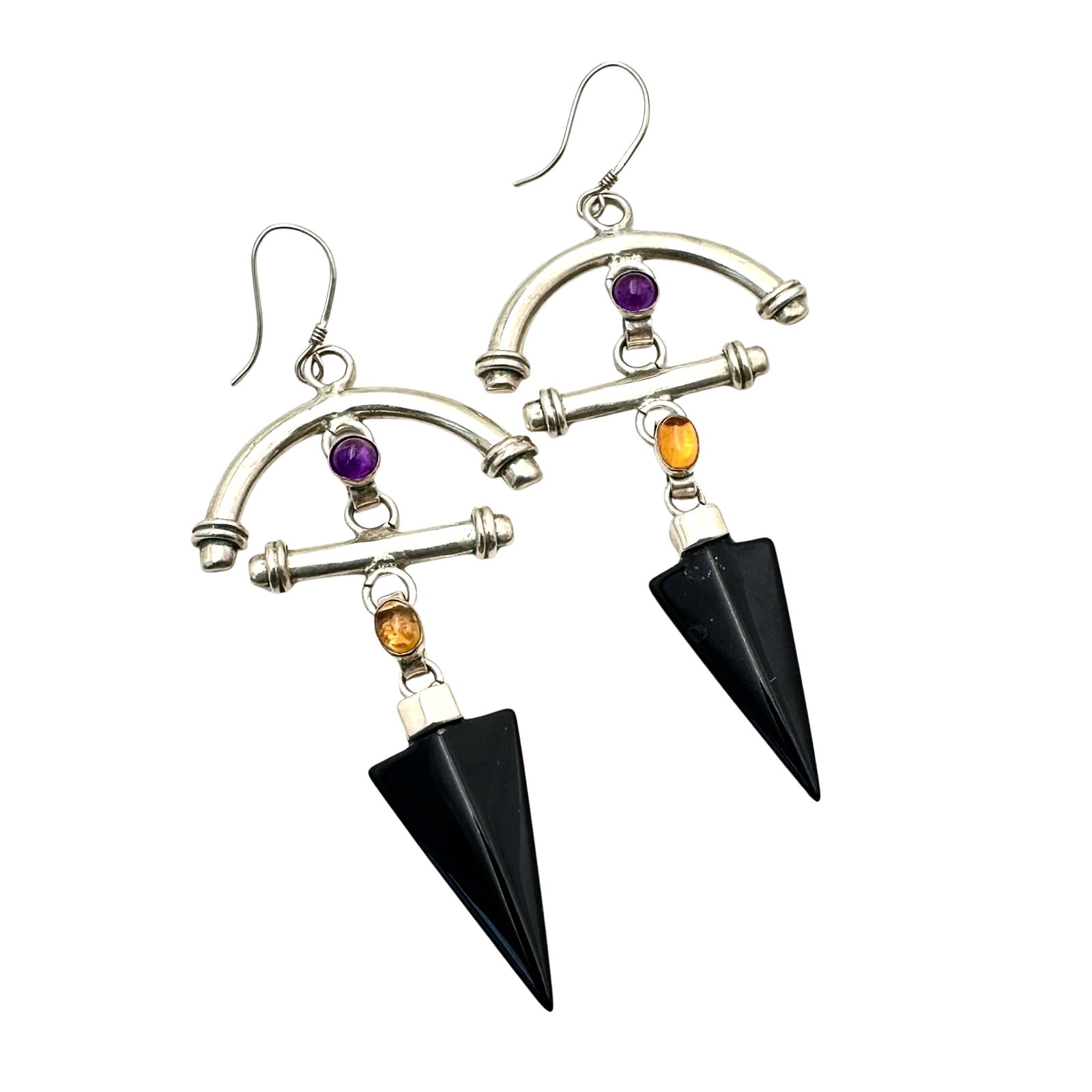 Modernist Amethyst Citrine Black Onyx Sterling Silver Chandelier Earrings: 3 1/2 Inch