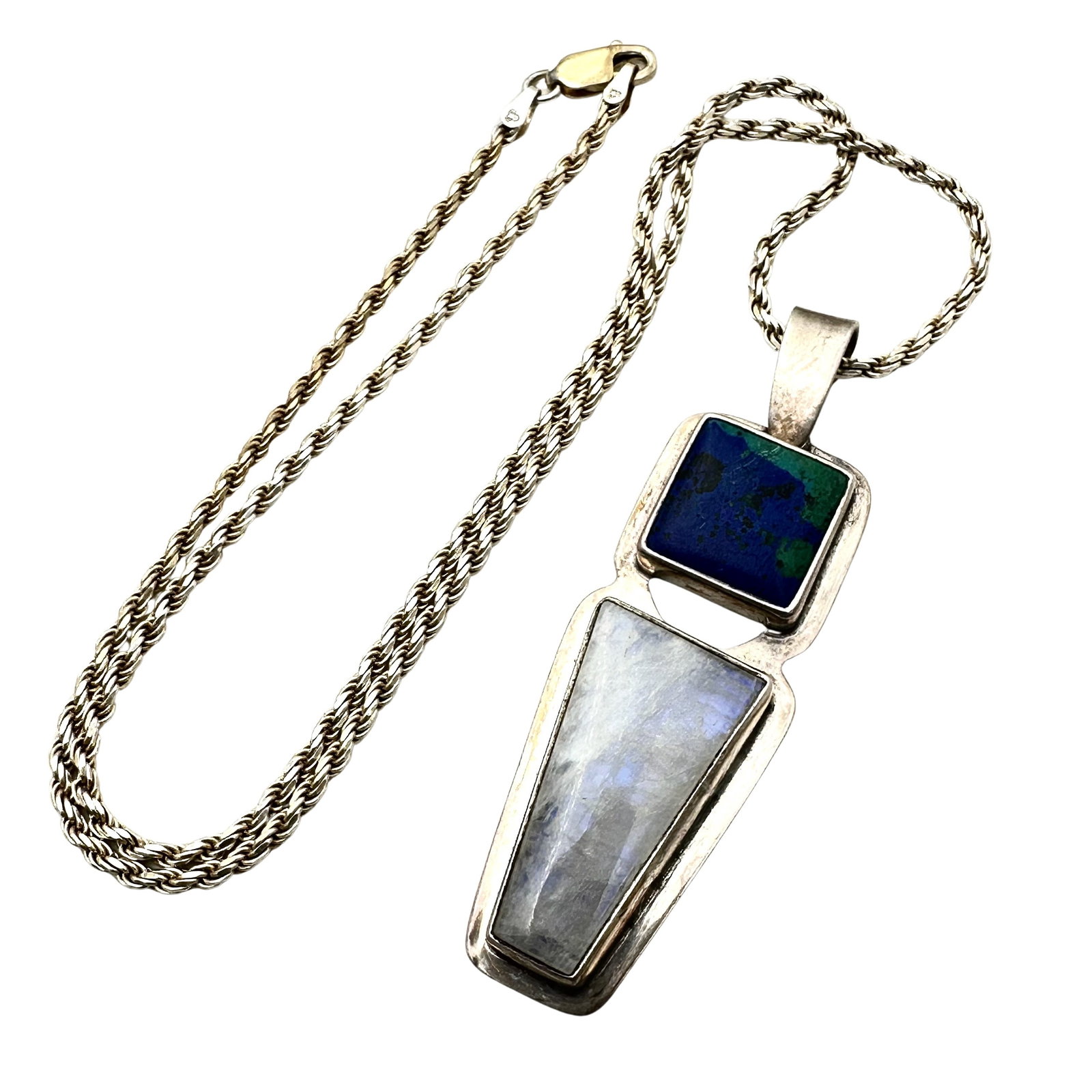 Azurite Moonstone Sterling Silver Pendant Necklace: Pendant 2.75 Inch, 20 Inch Chain, 51 Grams