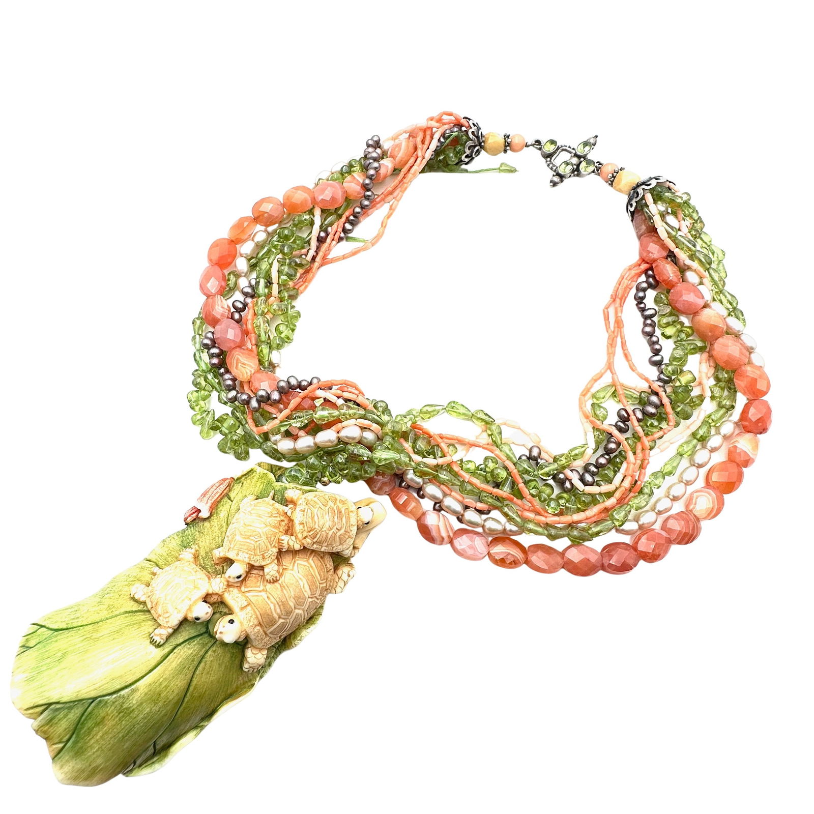 Vintage Asian Carved Turtle Pendant Necklace Sterling Peridot Coral Pearl Gemstones Hallmarked  (1 of 6)