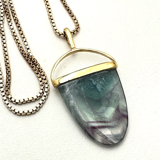 Gold Vermeil Sterling Silver Flourite Gemstone Pendant Necklace Long 22 Inch Chain 2 Inch Pendant (1 of 3)