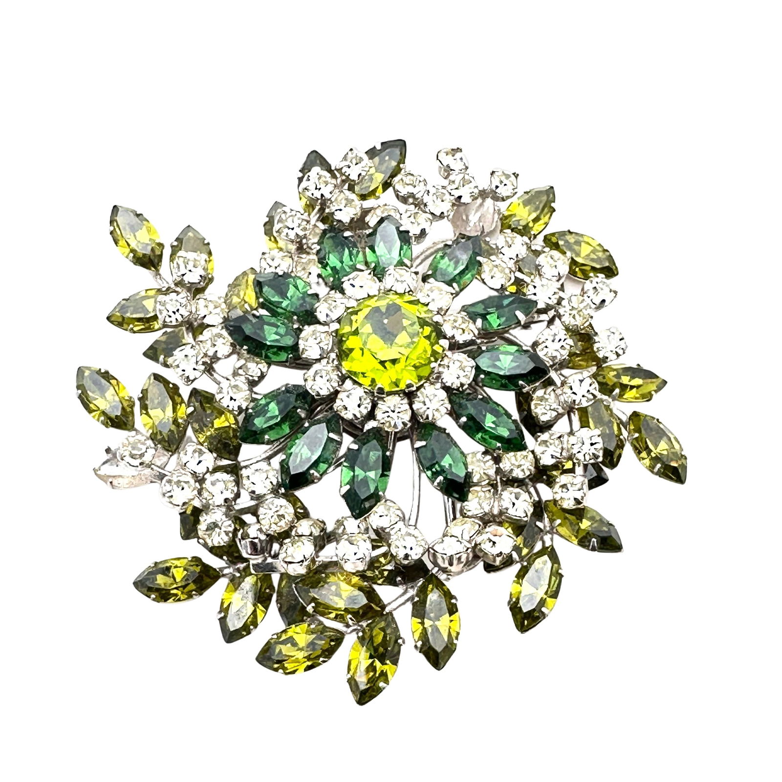 Vintage Olive Green Rhinestone Silver Tone Flower Brooch (1 of 4)