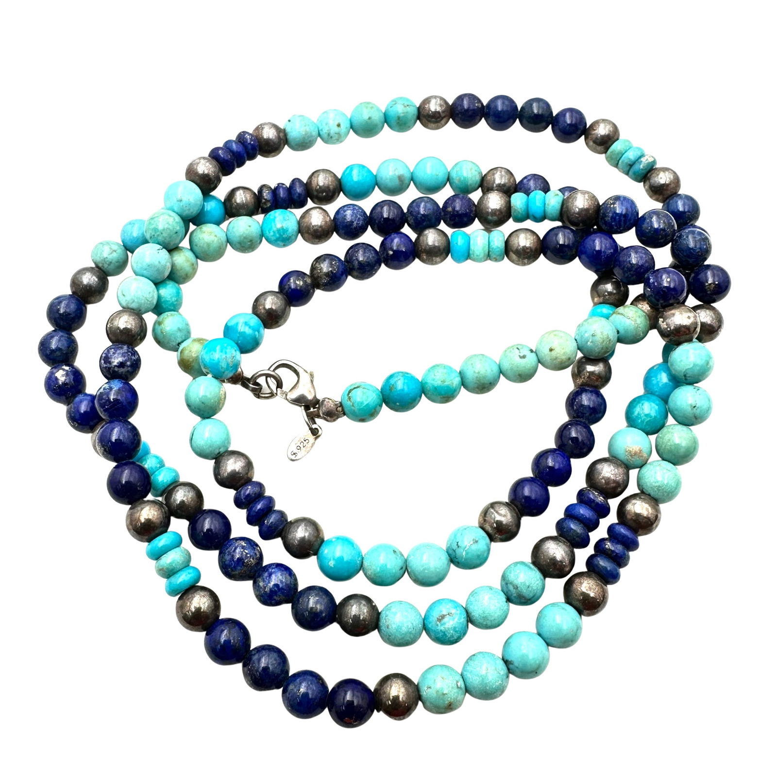 Native American Shube Turquoise Lapis Lazuli Sterling Silver Bead Necklace 32 Inch (1 of 2)