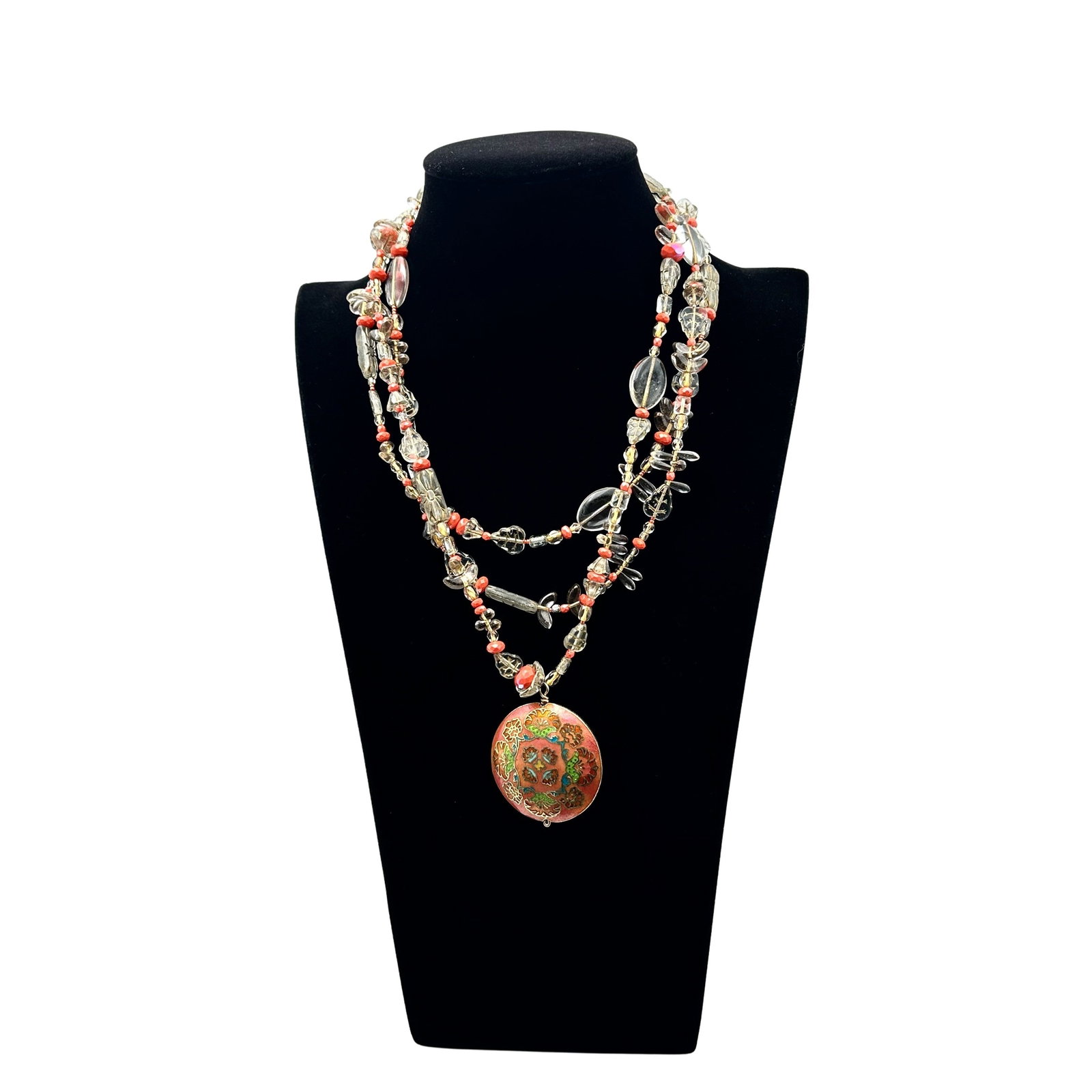 Vintage Asian Glass Bead Cloisonne Pendant Stelring Silver Clasp Necklace: Vintage Asian Glass Bead Cloisonne Pendant Stelring Silver Clasp Necklace