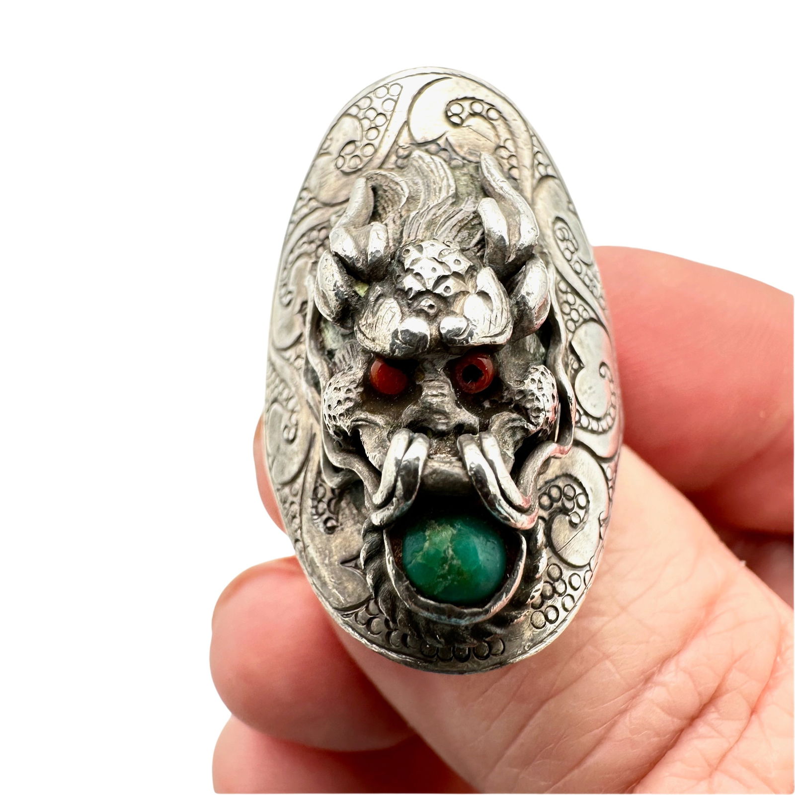 Vintage Silver Chinese Dragon Turquoise Ring Size 7 (1 of 2)