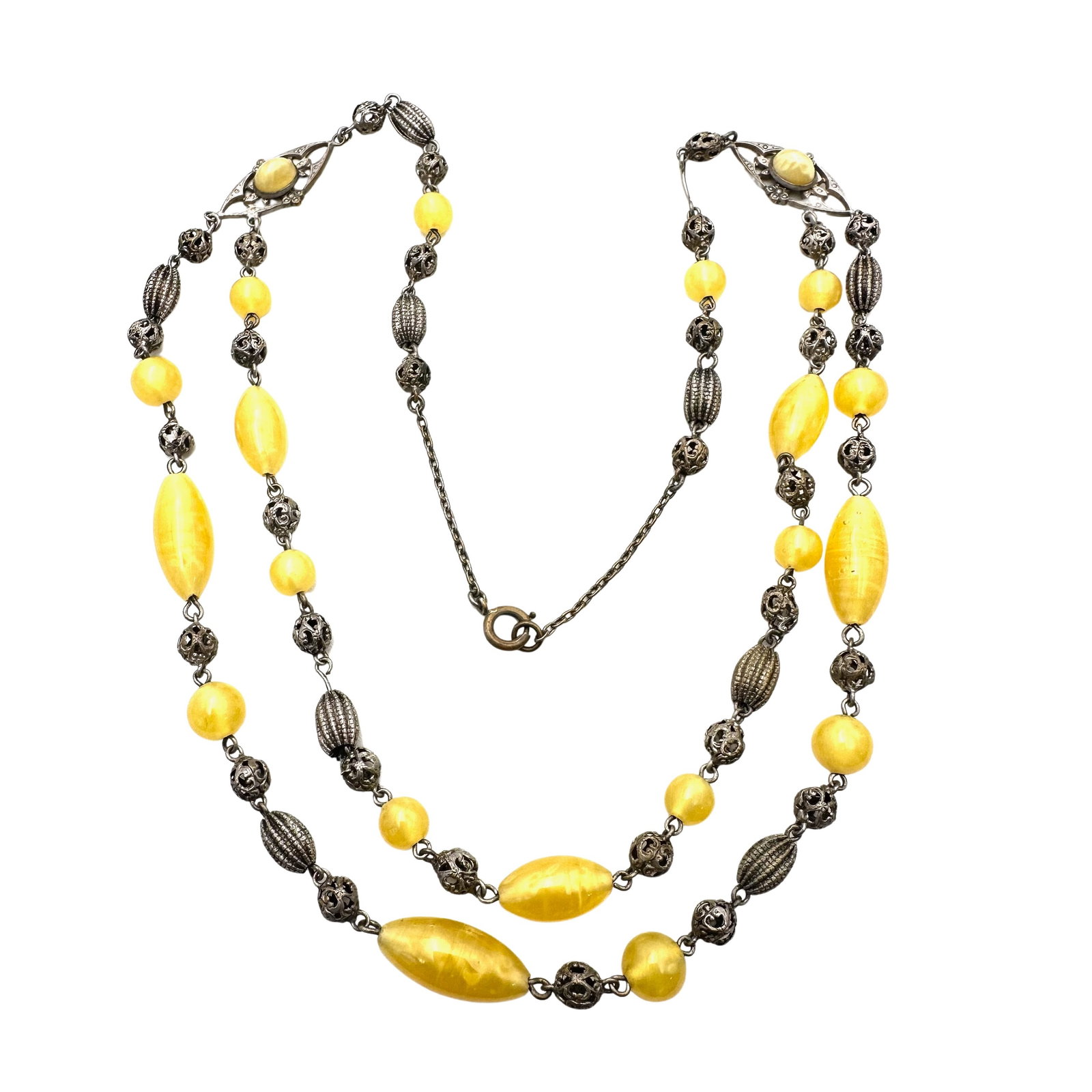Antique Yellow Czech Glass Silver Tone Necklace: Antique Yellow Czech Glass Silver Tone Necklace