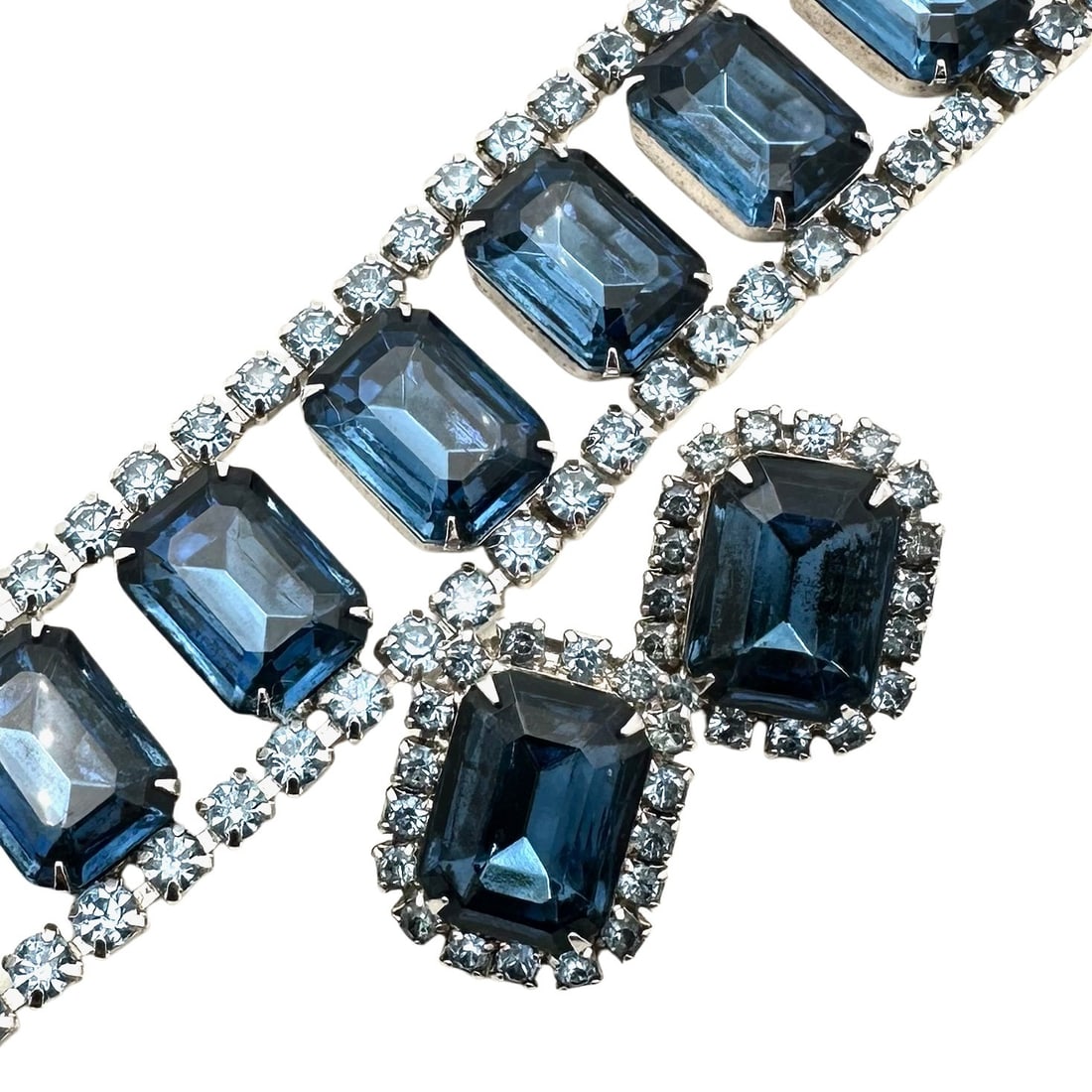 Vintage Light & Dark Blue Glass Rhinestone Bracelet Clip Earrings Set High End (1 of 3)