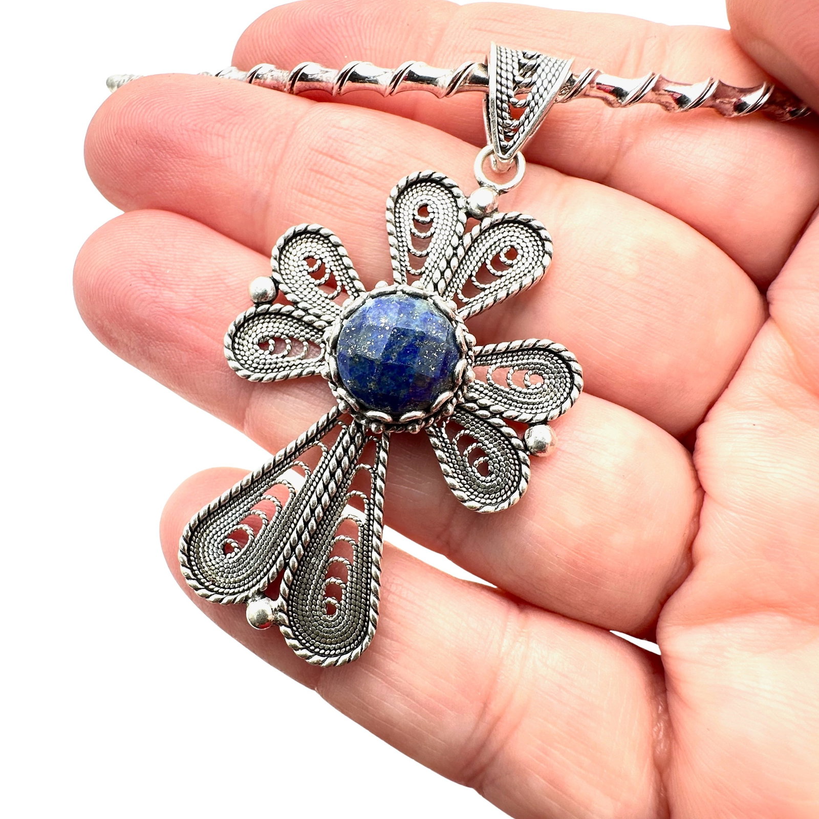 Sterling Silver Blue Lapis Lazuli Filigree Cross Pendant Necklace Fancy Choker Chain 28 Grams: Sterling Silver Blue Lapis Lazuli Filigree Cross Pendant Necklace Fancy Choker Chain 28 Grams