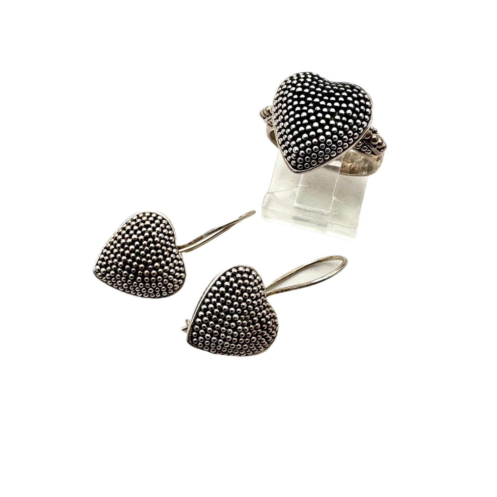 Suarti Bali Designer Ring Pierced Earrings Sterling: Suarti Bali Designer Ring Size 6 Pierced Earrings Sterling silver Heart Design