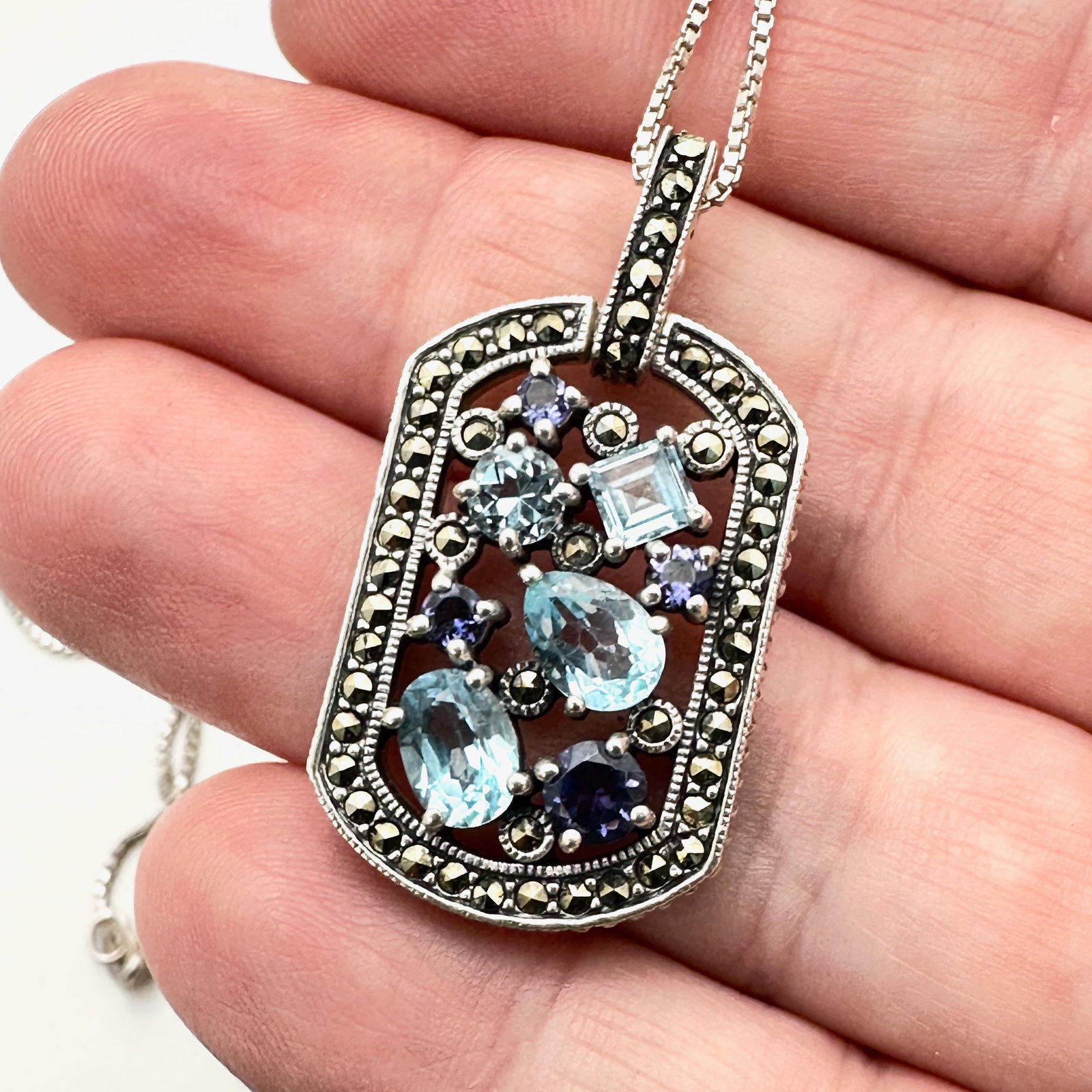Blue Topaz Marcasite Sterling Silver Necklace: Blue Topaz Marcasite Sterling Silver Necklace
