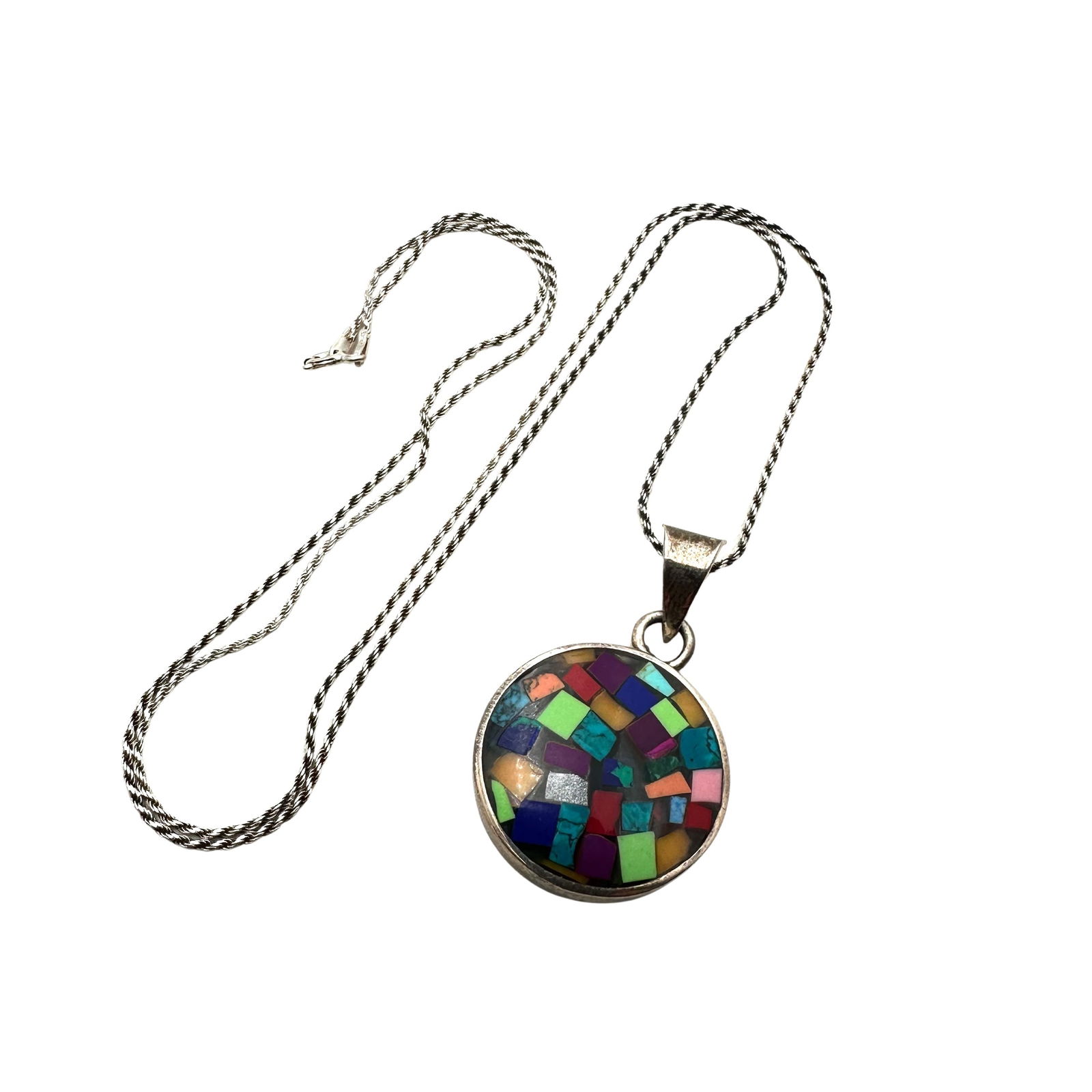 Vintage Mexico Multi Gemstone Inlay Sterling Silver Pendant Necklace 24 Inch Chain 1 1/2 Inch Pendan (1 of 3)