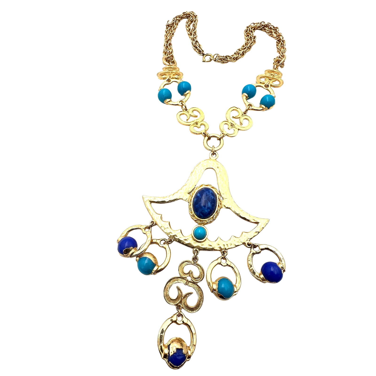 Vintage Bold Gold Tone Blue Turquoise Pendant Statement Necklace 1960s Era (1 of 1)