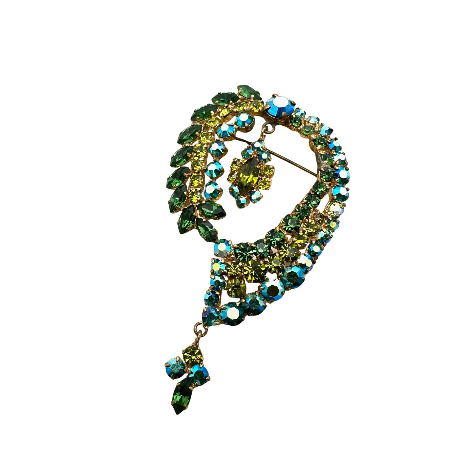 Vintage Czech Glass Aurora Borealis Olive Green Rhinestone Gold Tone Brooch Pin: Vintage Czech Glass Aurora Borealis Olive Green Rhinestone Gold Tone Brooch Pin