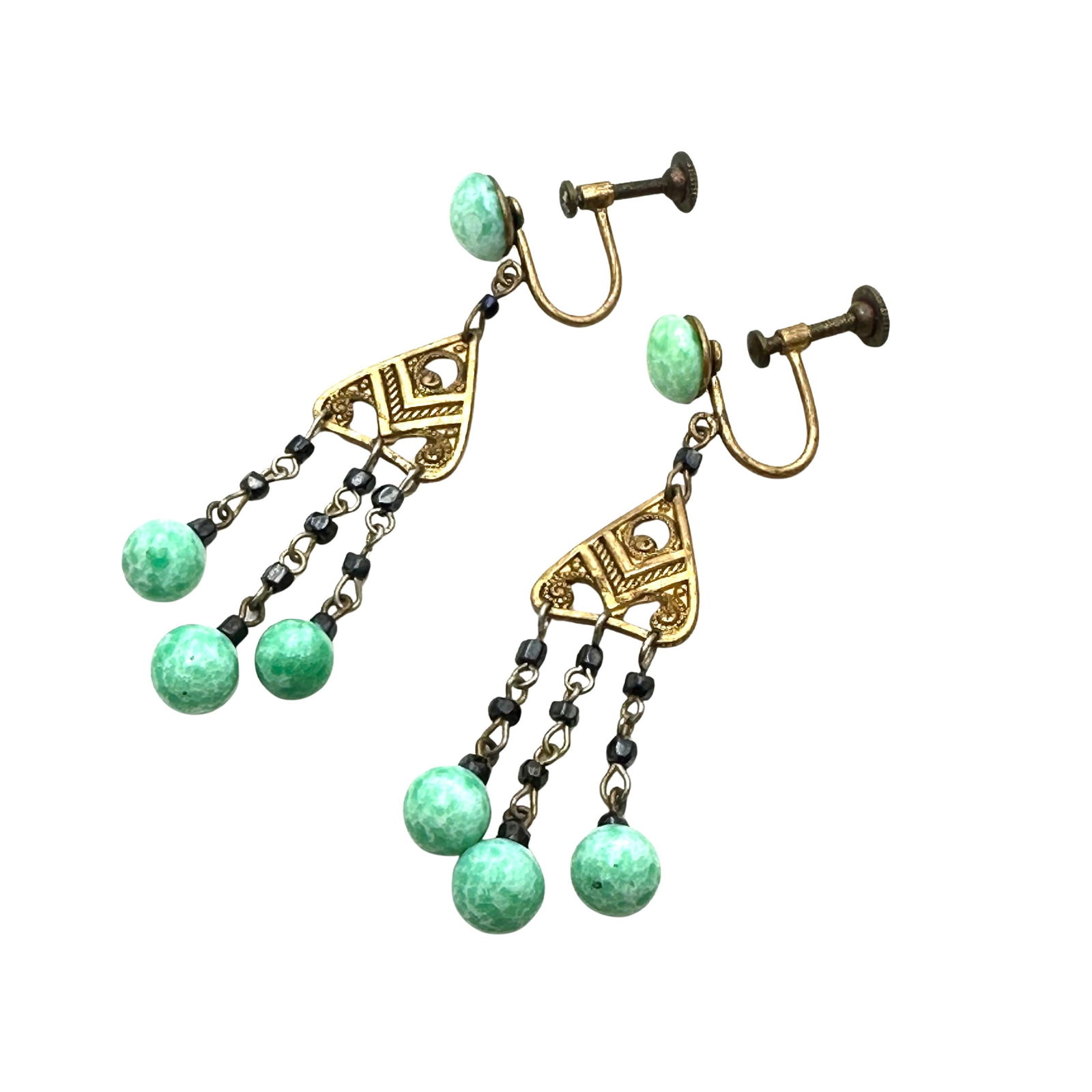 Antique Vintage Green Peking Czech Glass Bronze Tone Earrings Screw Back 2 Inch Chandelier: Antique Vintage Green Peking Czech Glass Bronze Tone Earrings Screw Back 2 Inch Chandelier