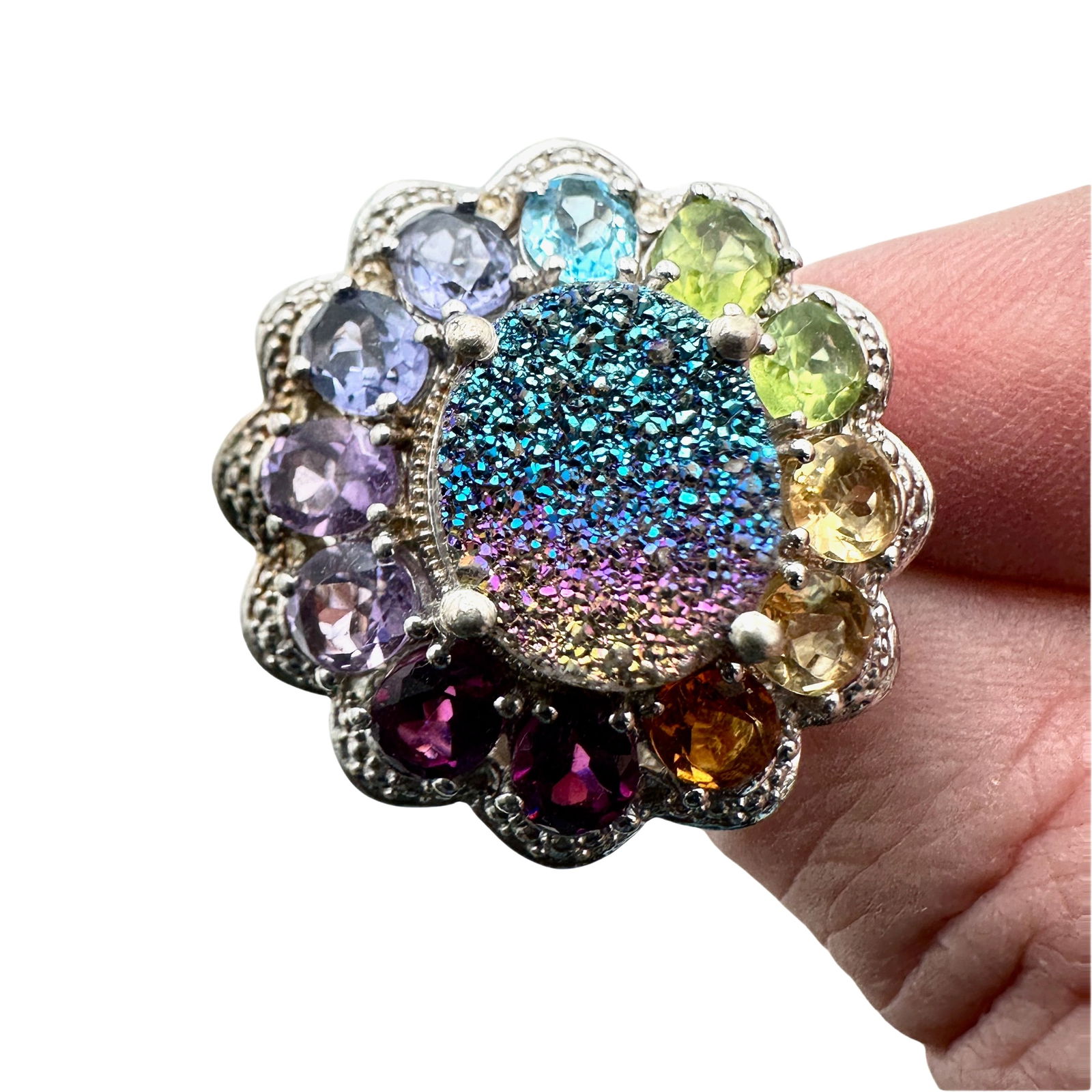 Multi Gemstone Rainbow Druzy Sterling Ring Size 9 (1 of 2)