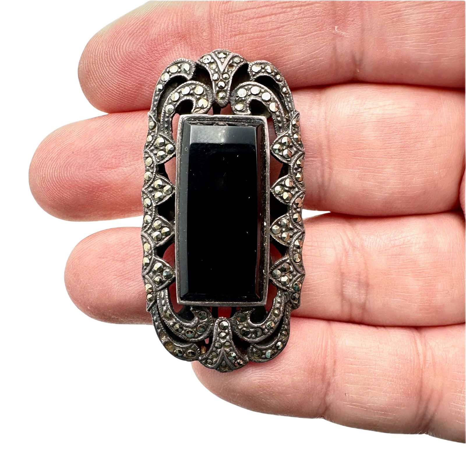 Sterling Silver Black Onyx Marcasite Ring Size 6 (1 of 2)