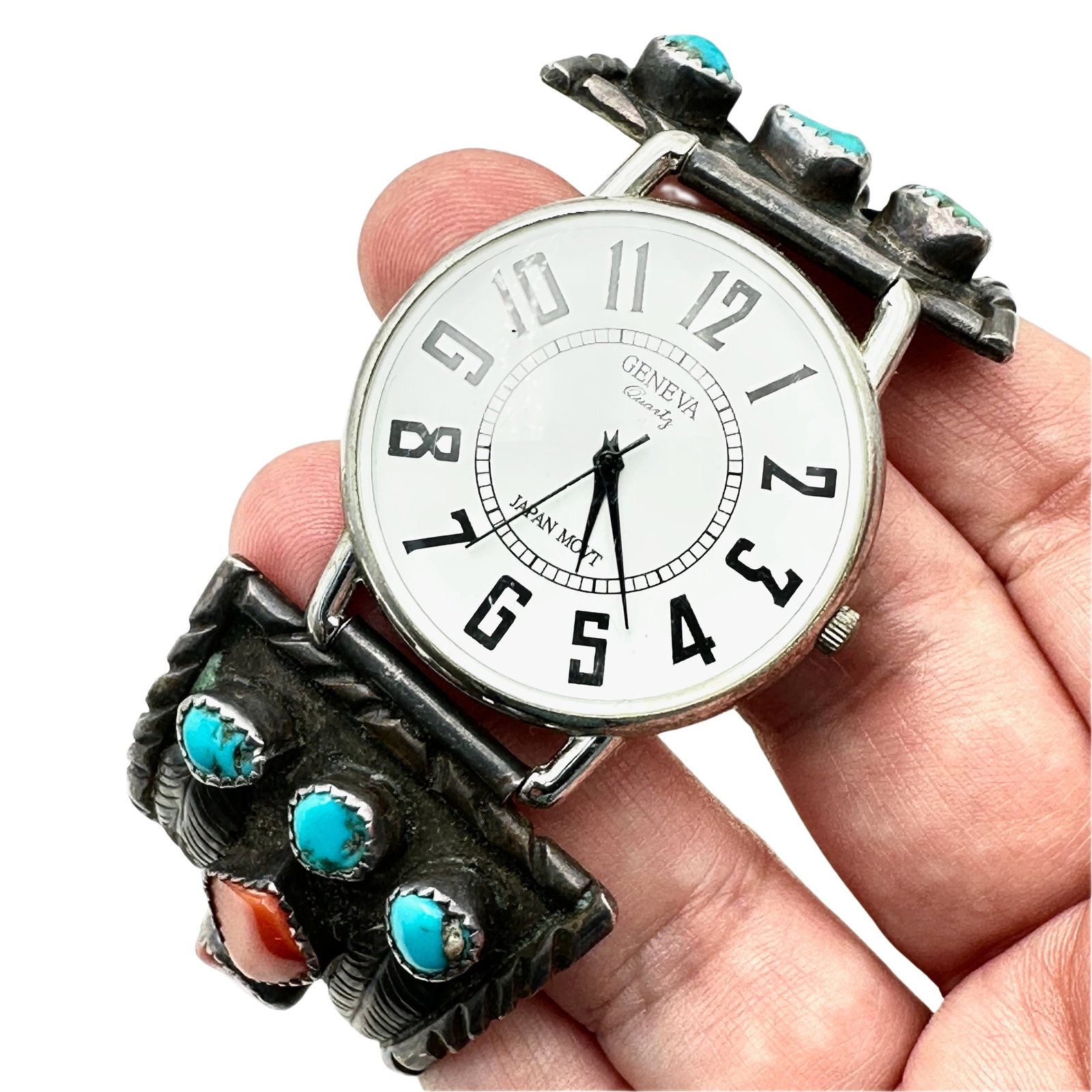 American Southwest Sterling Watch Tips Turquoise: American Southwest Sterling Watch Tips Turquoise Coral Geneva Watch Face will need new battery