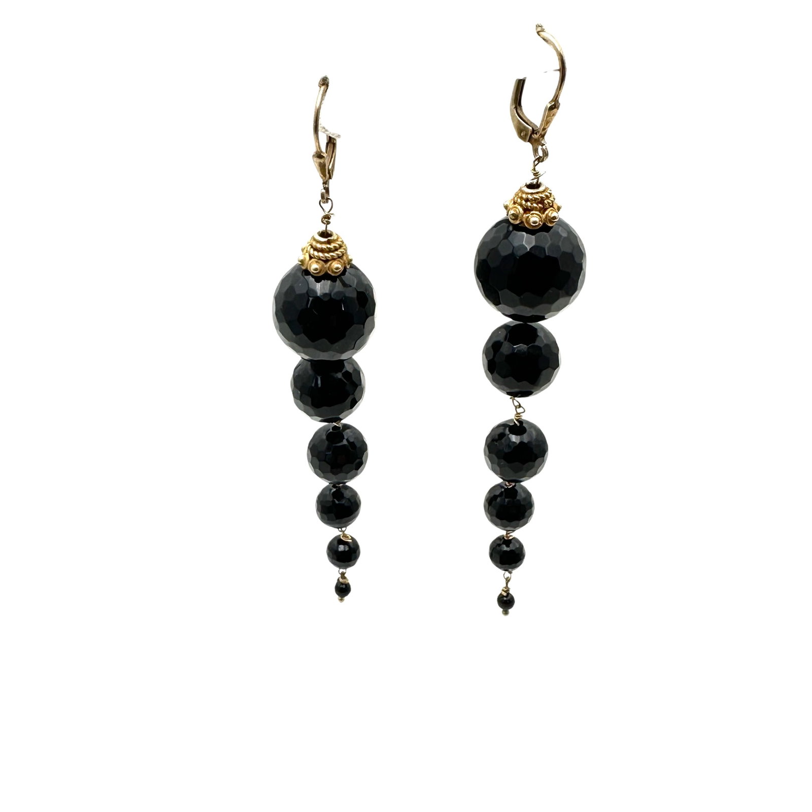 Vintage Gold over Sterling Silver Faceted Glass Black Bead Pierced Earrings: Vintage Gold over Sterling Silver Faceted Glass Black Bead Pierced Earrings