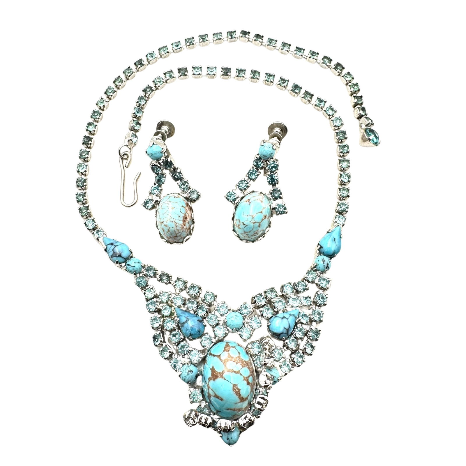 Vintage High End Turquoise Blue Glass Rhinestone Silver Tone Necklace Earrings Set (1 of 3)
