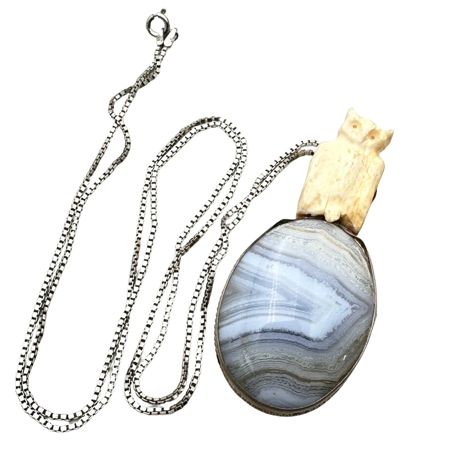 Sterling Silver Blue Lace Agate Owl Pendant Necklace (1 of 2)